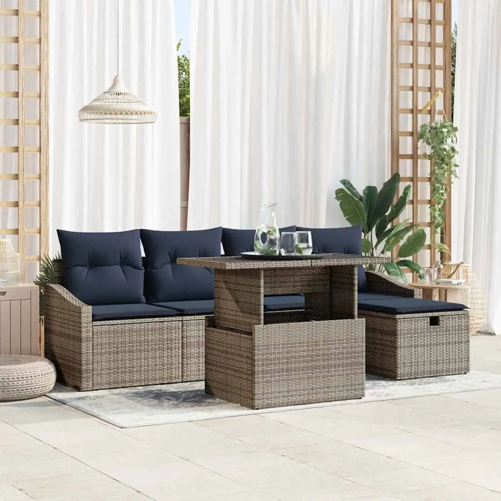 Ensemble de canapé de jardin avec coussin 6 pcs Gris polyrotin vidaXL 3361164 Gris/ Bleu marine