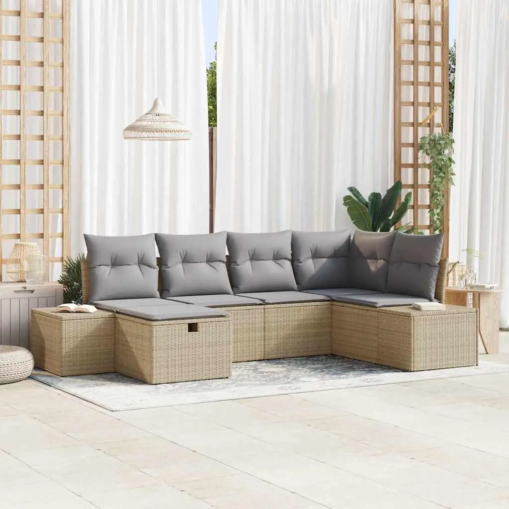 Ensemble de canapé de jardin avec coussin 6 pcs Beige polyrotin vidaXL 3359379 Beige/ Gris clair