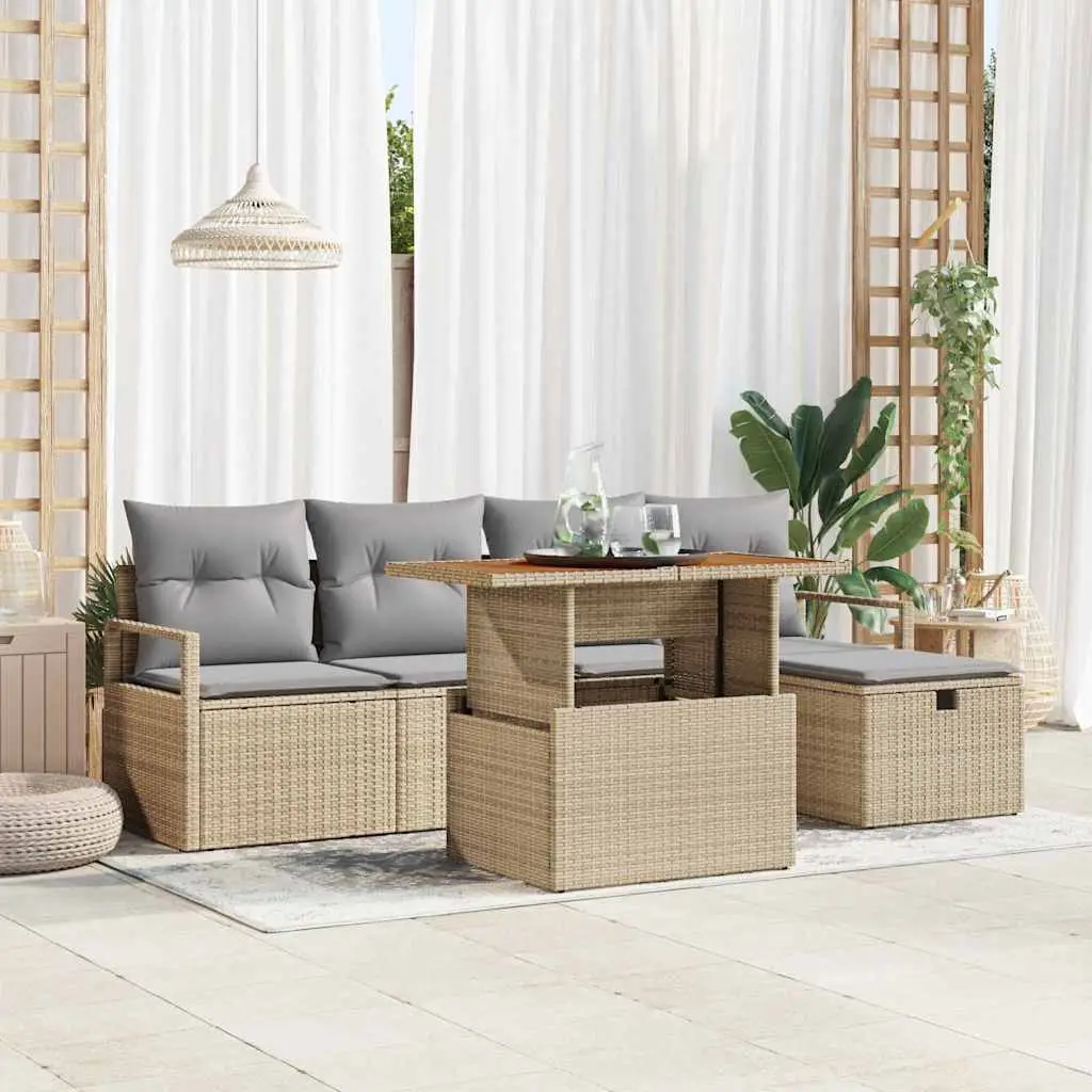 Ensemble de canapé de jardin avec coussin 6 pcs Beige polyrotin vidaXL 3359990 Beige/ Gris clair