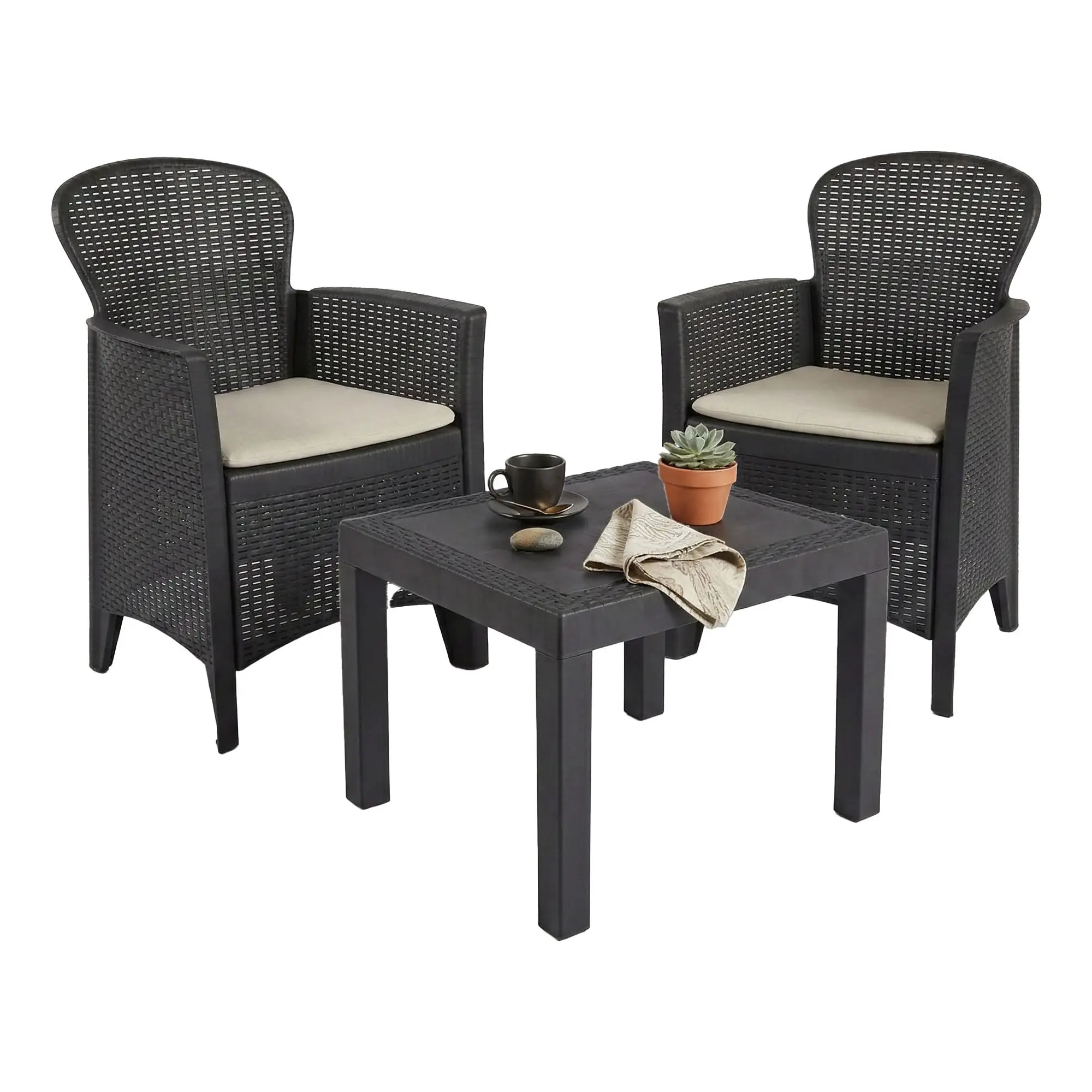Ensemble de salon d’extérieur Dzucco, Composition de jardin avec 2 fauteuils et 1 table basse, Salon effet rotin avec coussins, Anthracite – Dmora famillecouleur2noir