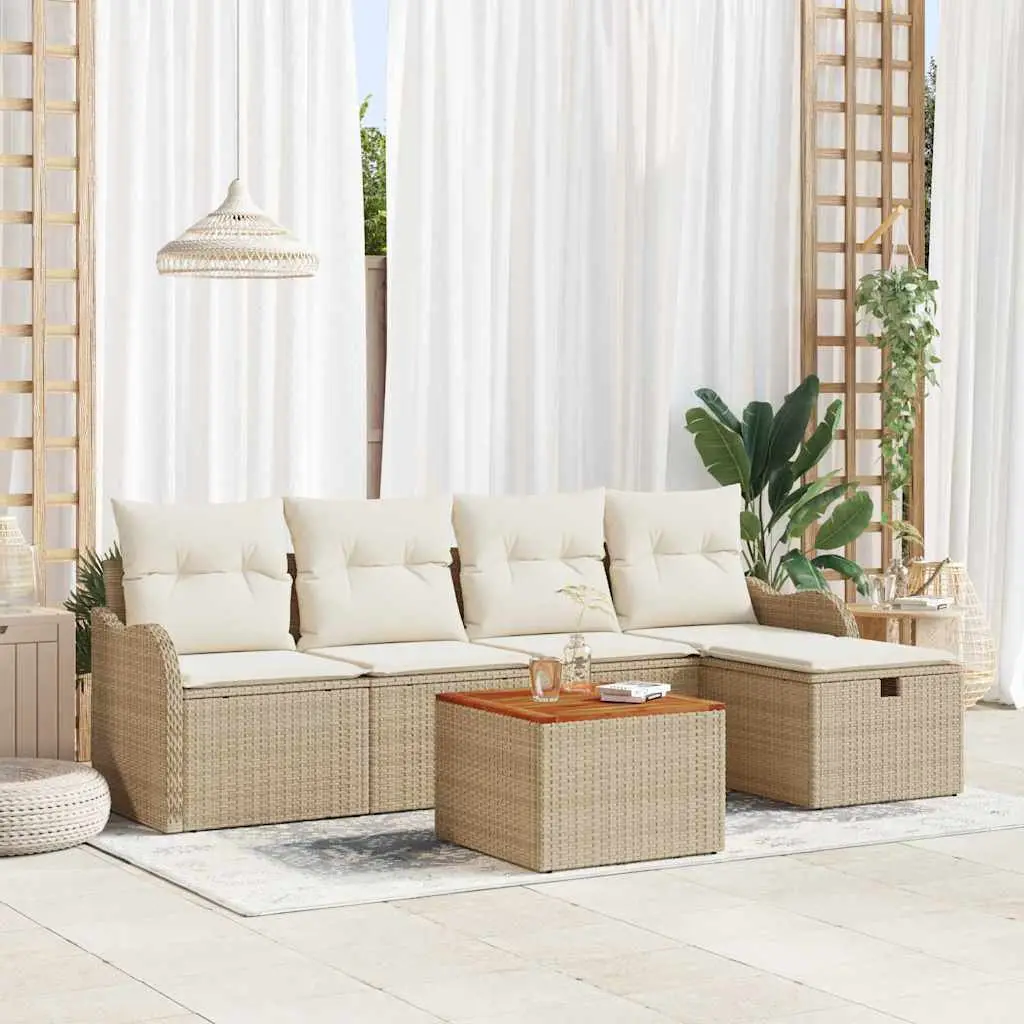 Ensemble de canapé de jardin avec coussin 6 pcs Beige polyrotin vidaXL 3359477 Beige/ Blanc crème