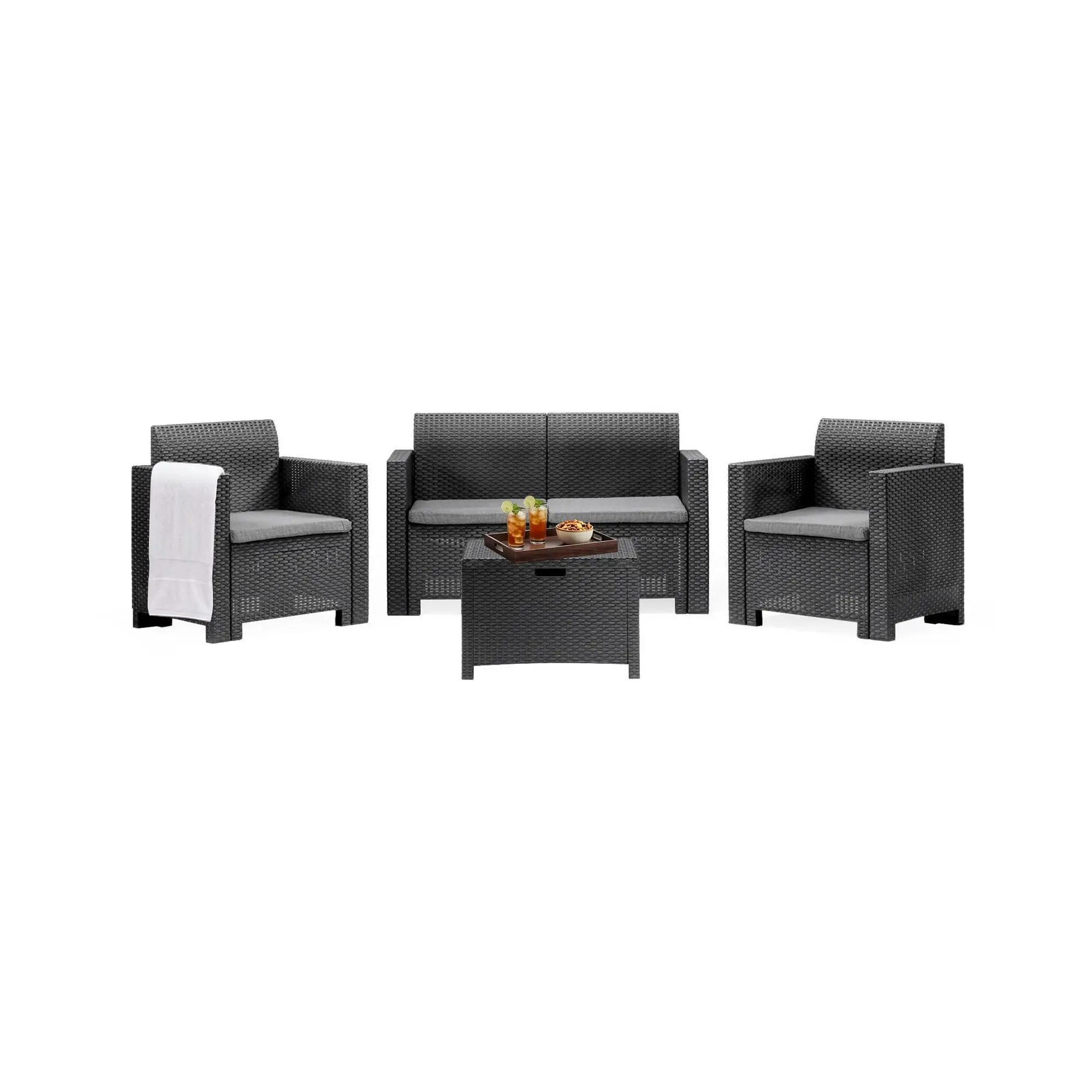 Ensemble de salon d’extérieur Dmotto, Ensemble de jardin avec coussins, Ensemble de salon d’intérieur effet rotin, Anthracite – Dmora famillecouleur2noir