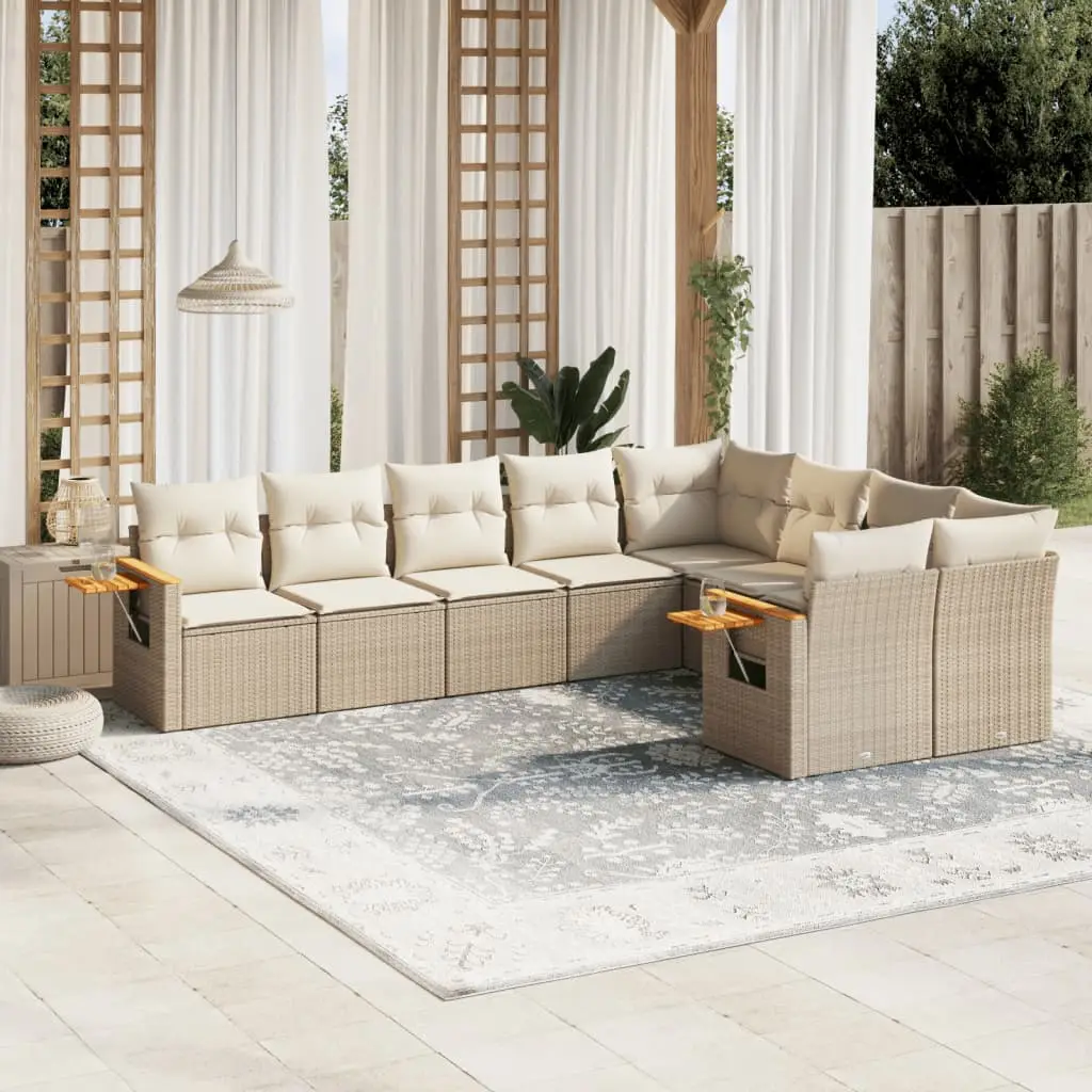 Ensemble de Jardin 9 Éléments Résine Tressée Beige avec Rangement et Coussins Crème – ComfortXL Outdoor Living