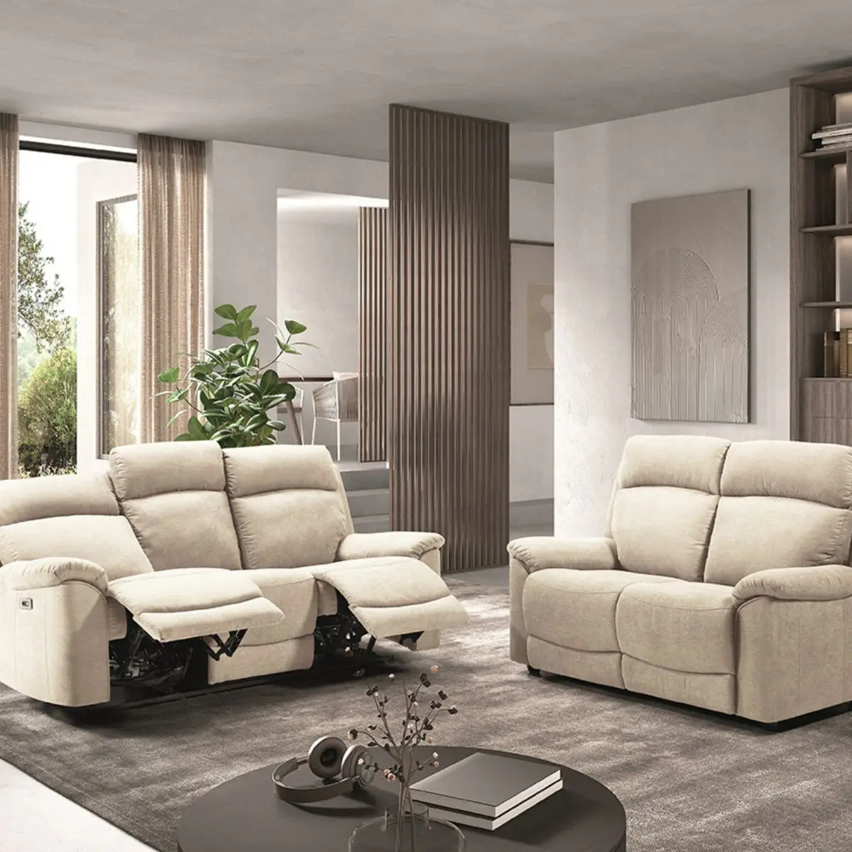 Ensemble Canapés Fixe 2P et Relax Electrique 3P Tissu Ivoire – HUESCA