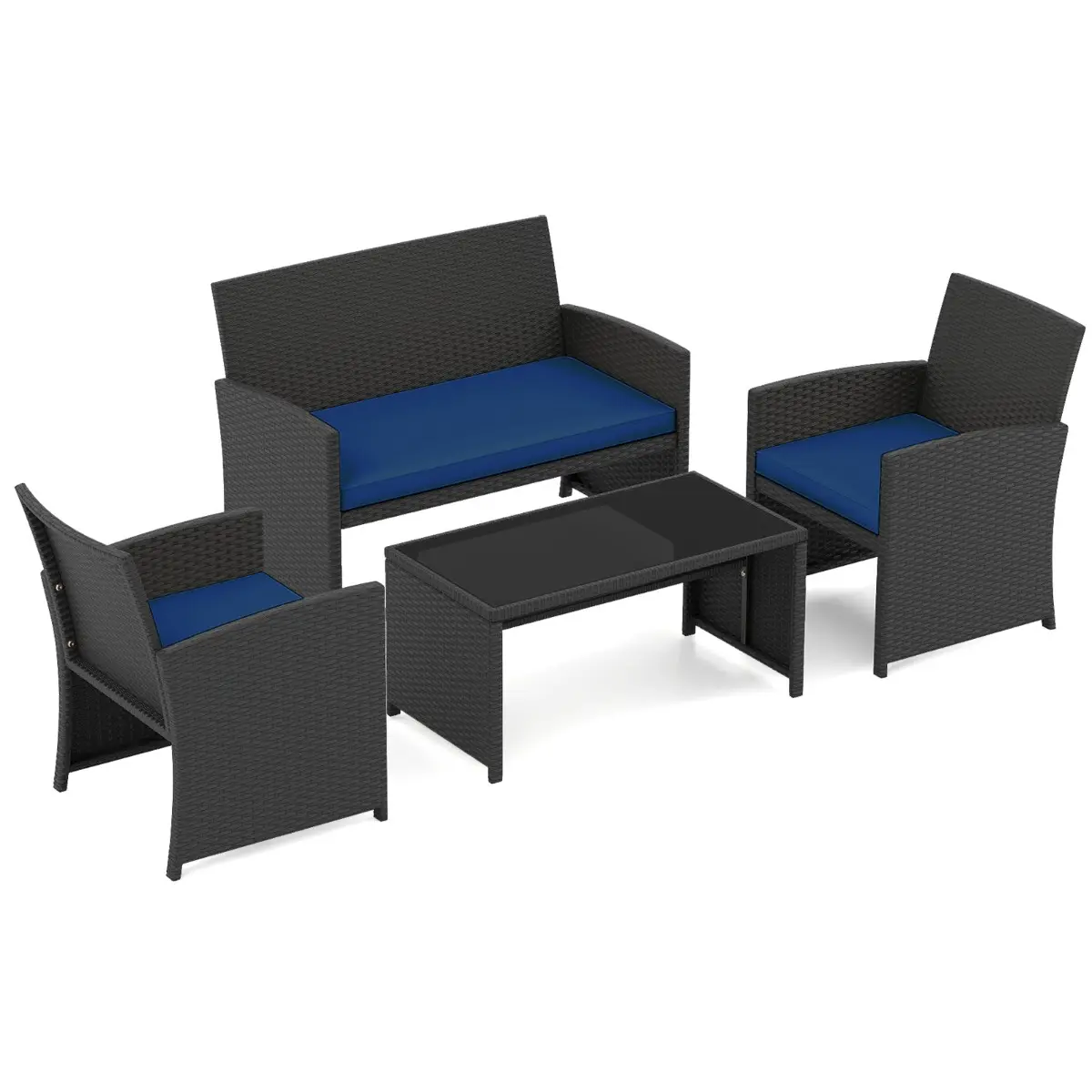 Ensemble de Salon de Jardin en Rotin PE 4 Pièces Canapé 3 Places en Osier avec Fauteuils et Table Basse en Verre Trempé Bleu MAISON CHIC