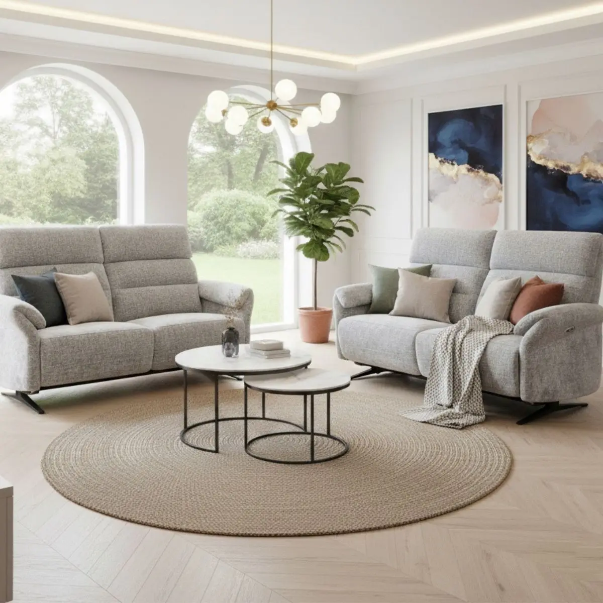 Ensemble canapé relax électrique 3 places + canapé fixe 2 places tissu maillé gris – LAMA