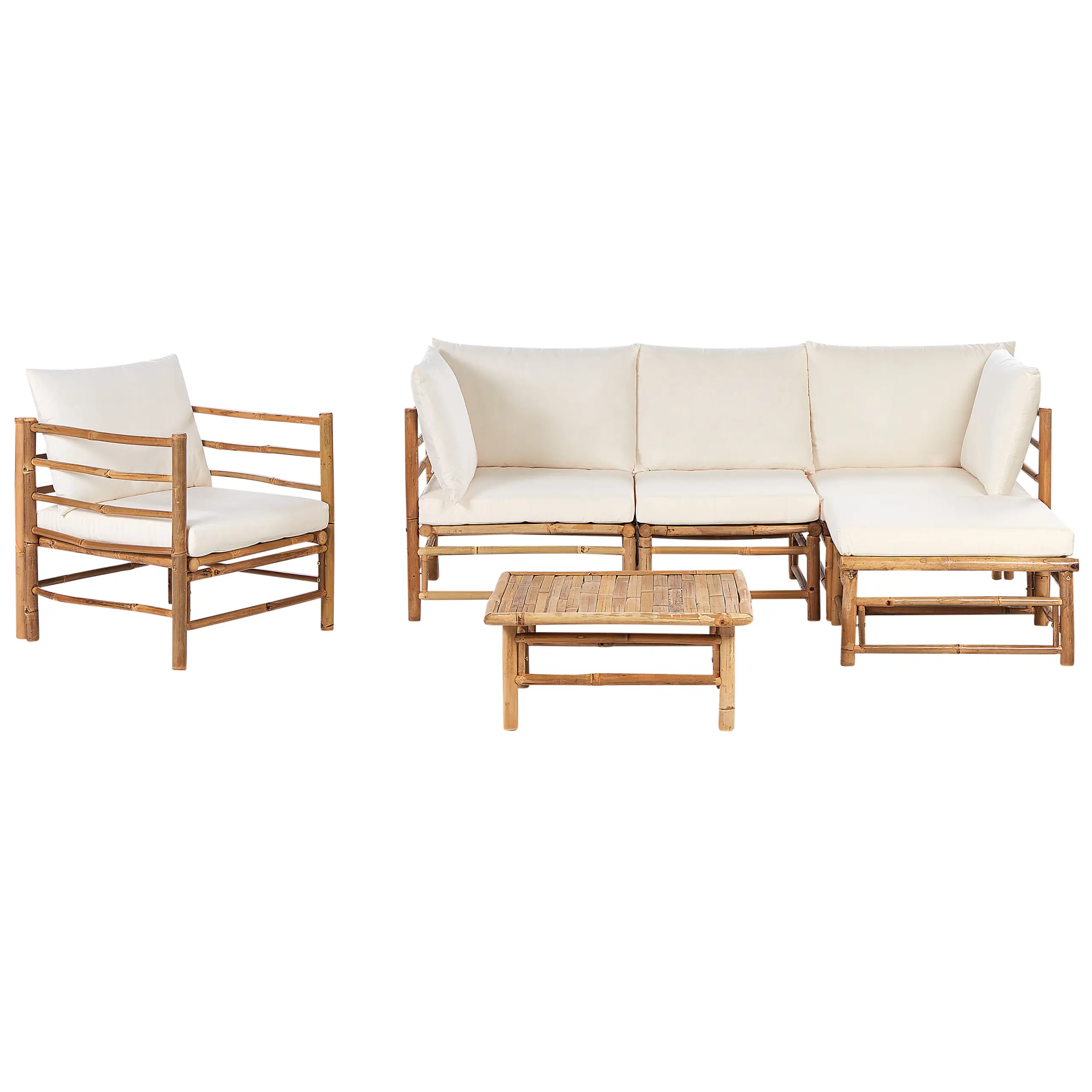 Ensemble de salon de jardin – Mobilier de jardin avec table 5 places CERRETO Côté gauche Bambou Blanc cassé