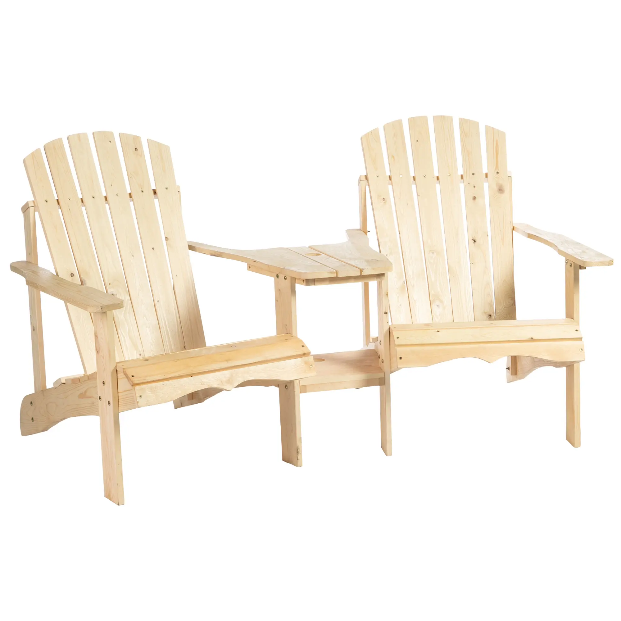 Ensemble de jardin Adirondack en bois naturel, 178 x 87 x 92 cm avec table et trou pour parasol – PANGIVO
