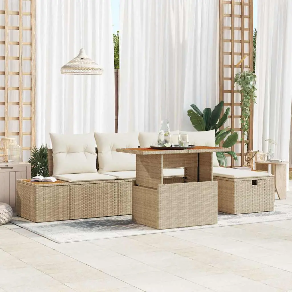 Ensemble de canapé de jardin avec coussin 6 pcs Beige polyrotin vidaXL 3360076 Beige/ Blanc crème