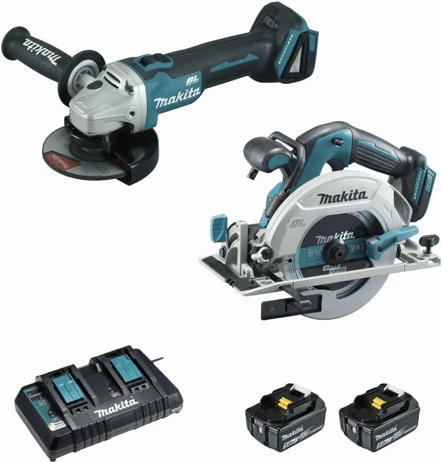 Ensemble de 2 machines 18 V Li-Ion 5 Ah MAKITA Scie DHS680 + Meuleuse DGA506 – 2 batteries, chargeur, coffret – DLX2277PTJ