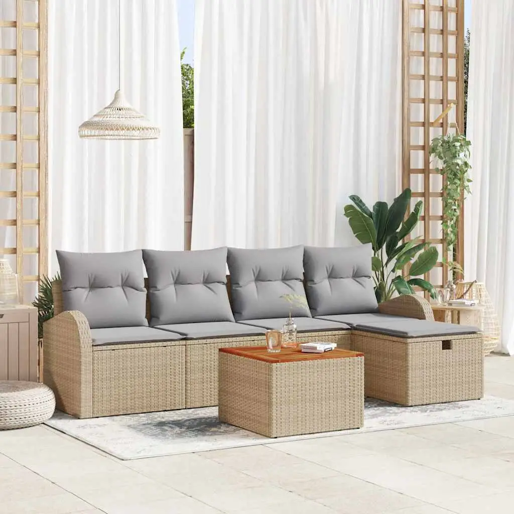 Ensemble de canapé de jardin avec coussin 6 pcs Beige polyrotin vidaXL 3359504 Beige/ Gris clair