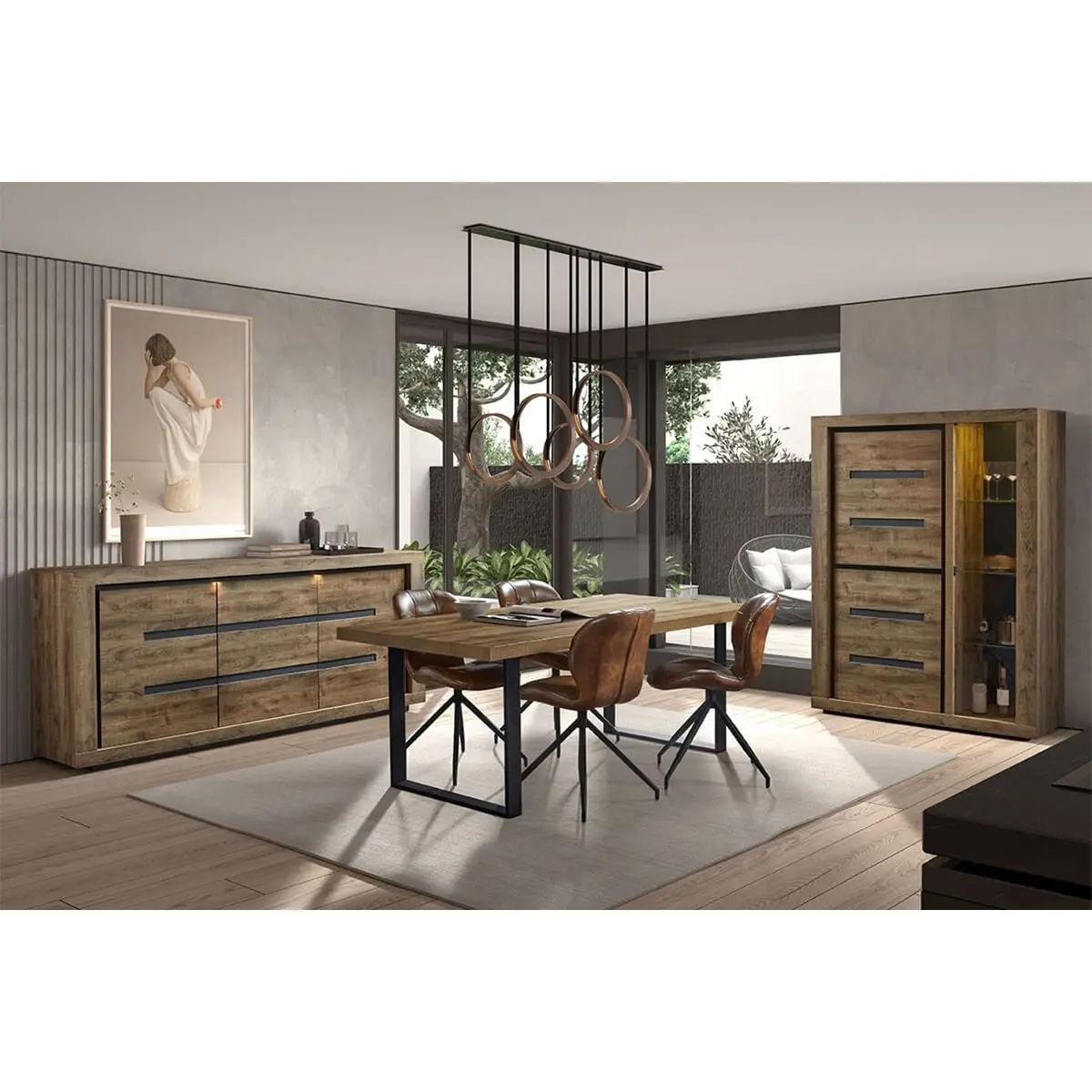 Ensemble Complet Buffet 3 Portes et Table 170 cm Aspect Bois Finition Tropix – ANTONIN Marron