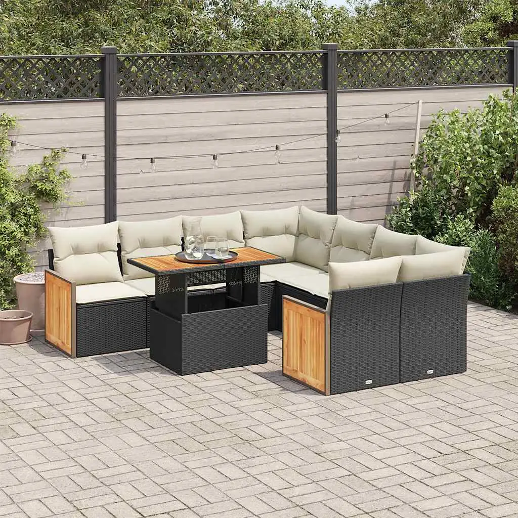 Ensemble de jardin 9 pièces noir poly rotin et acacia avec rangement et coussins blancs – ComfortXL Outdoor Living