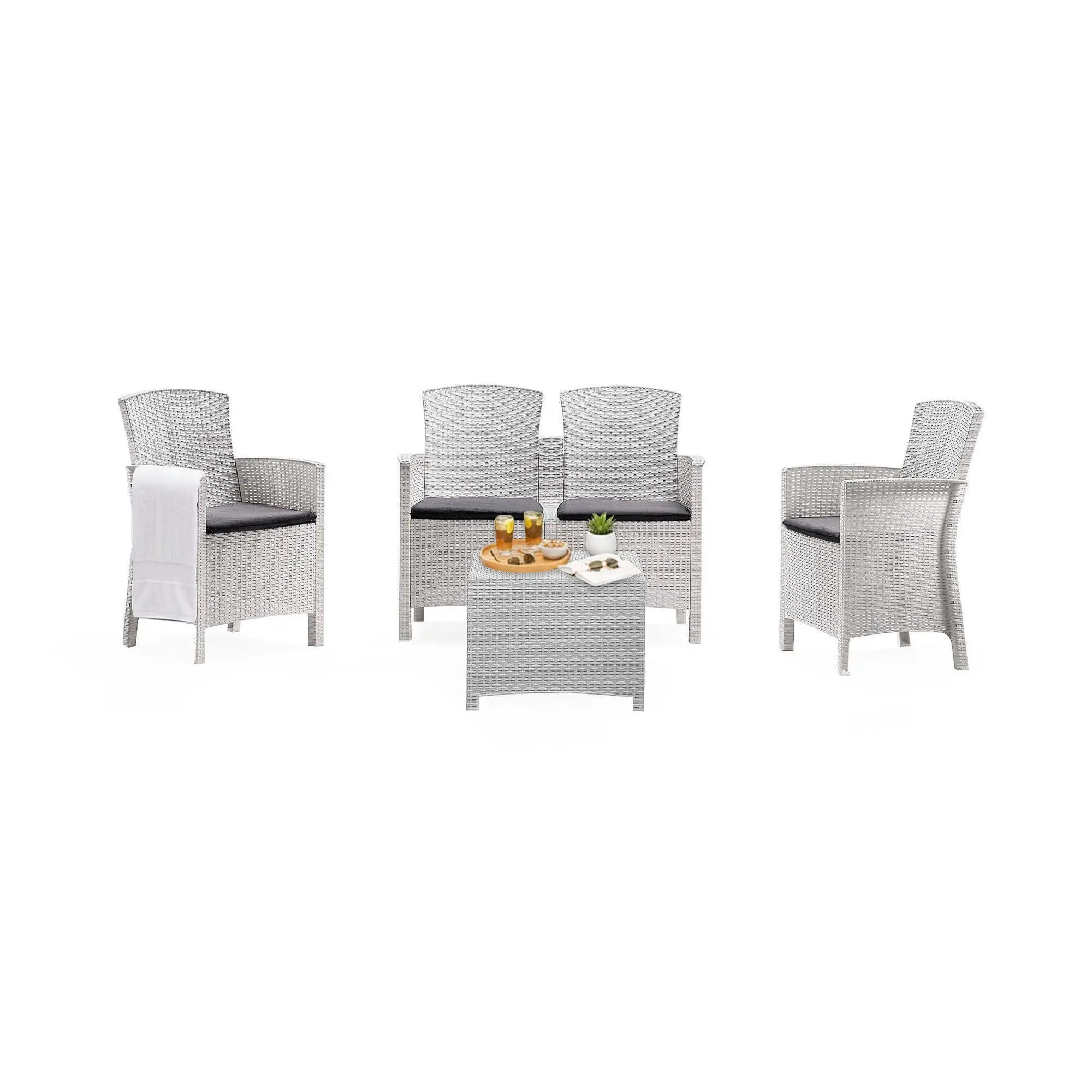 Ensemble de salon d’extérieur Dmorat, Salon de jardin avec coussins, Salon d’intérieur effet rotin, 100% Made in Italy, Blanc – Dmora famillecouleur2blanc
