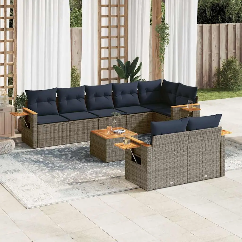Ensemble de jardin 9 places modulable en poly rotin avec tablettes rabattables Gris – ComfortXL Outdoor Living