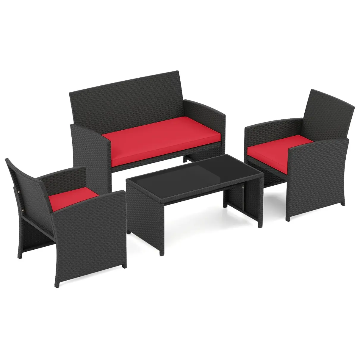 Ensemble de Salon de Jardin en Rotin PE 4 Pièces Canapé 4 Places en Osier avec Fauteuils et Table Basse en Verre Trempé Rouge MAISON CHIC