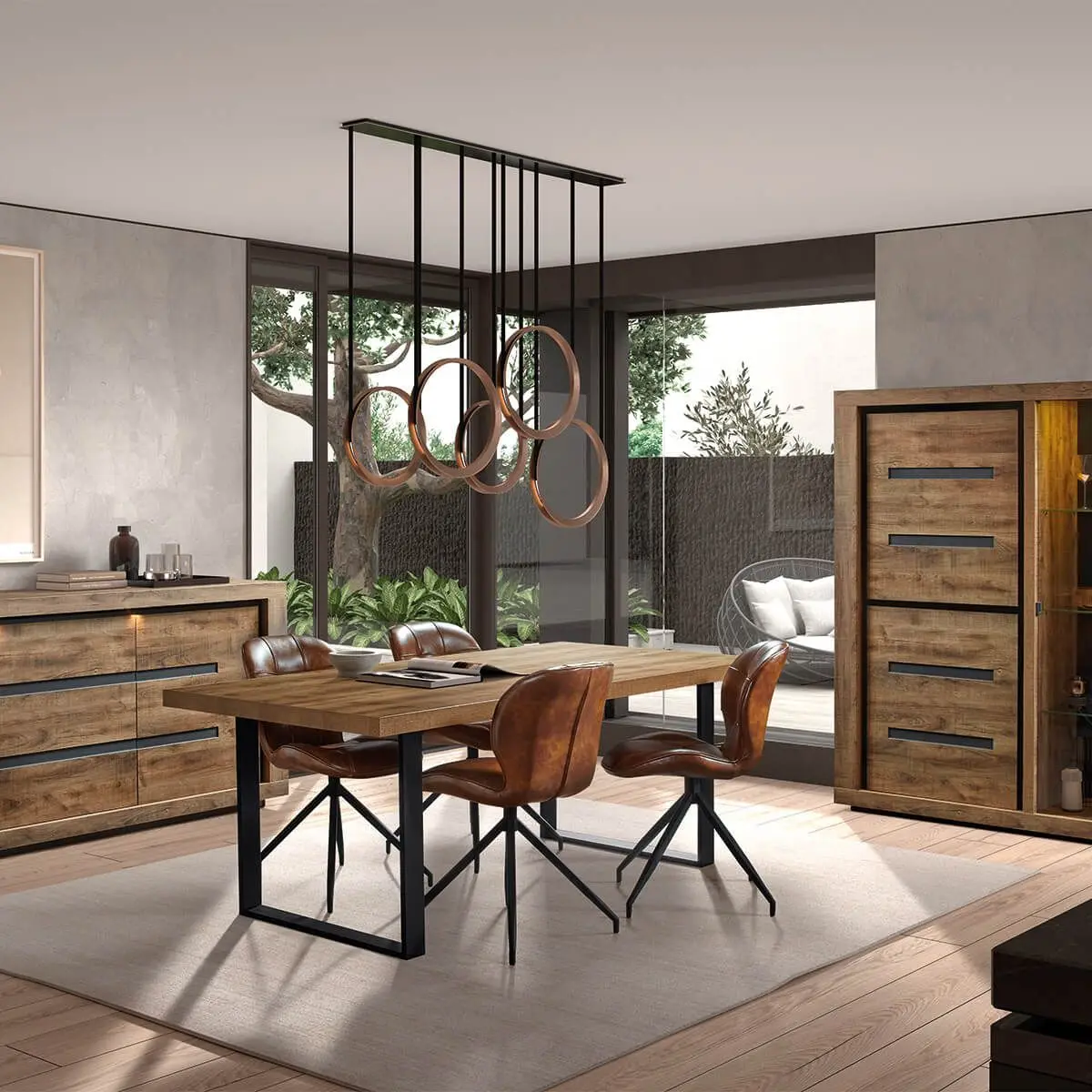 Ensemble Complet Buffet 3 Portes et Table 200 cm Aspect Bois Finition Tropix – ANTONIN Marron