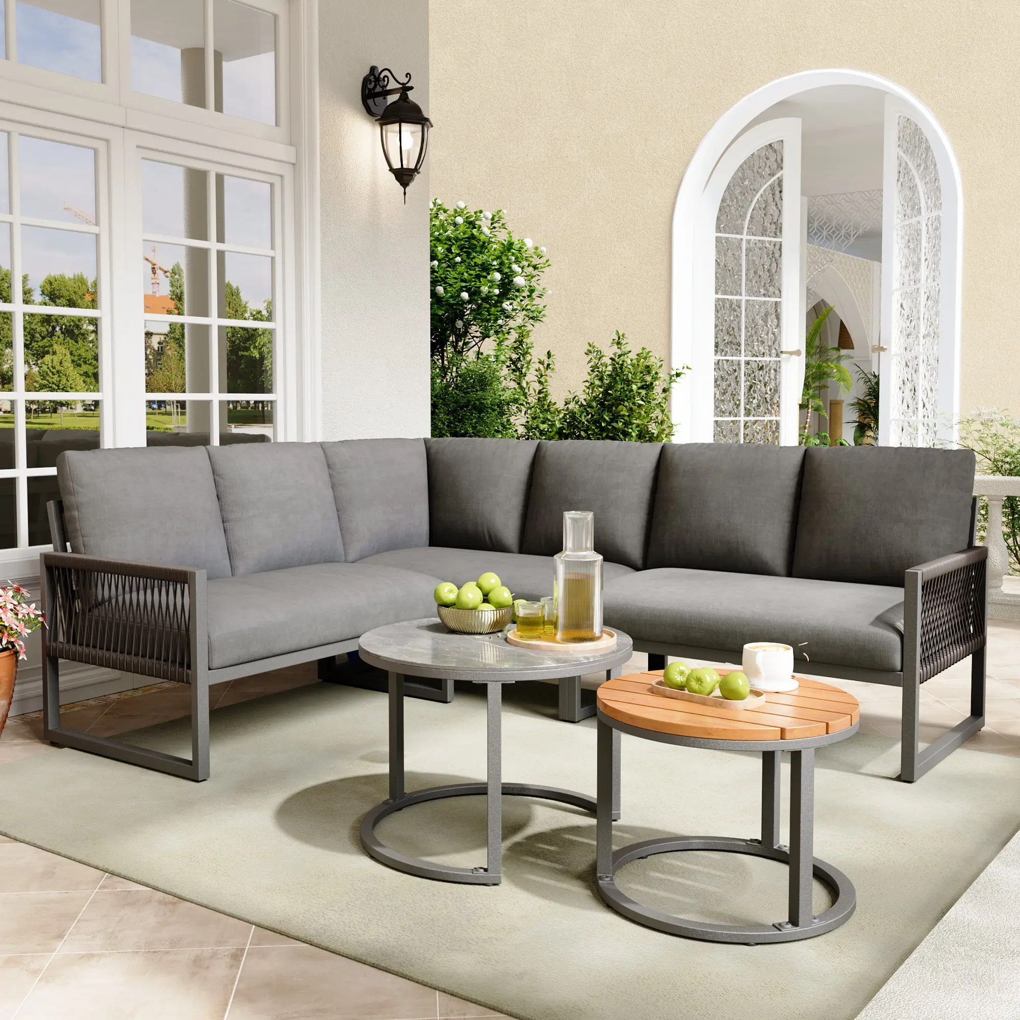 Ensemble de salon de jardin, ensemble de meubles pour 6-7 personnes, incl. coussins d’assise et coussins, gris
