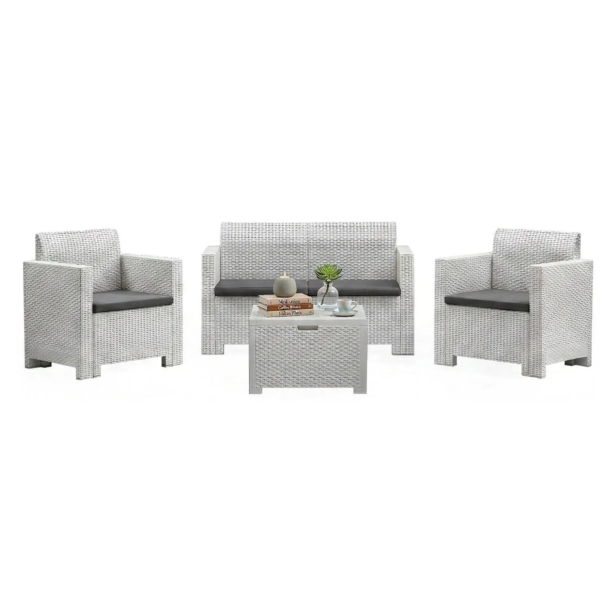 Ensemble de salon d’extérieur Dmotto, Salon de jardin avec coussins, Salon d’intérieur effet rotin, 100% Made in Italy, Blanc – Dmora famillecouleur2blanc