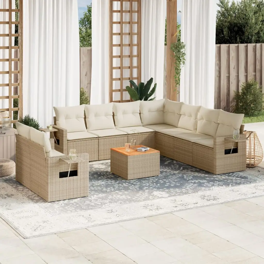 Ensemble de Jardin 9 Places Résine Tressée Modulable avec Coussins Blanc Crème et Table Basse Beige – ComfortXL Outdoor Living