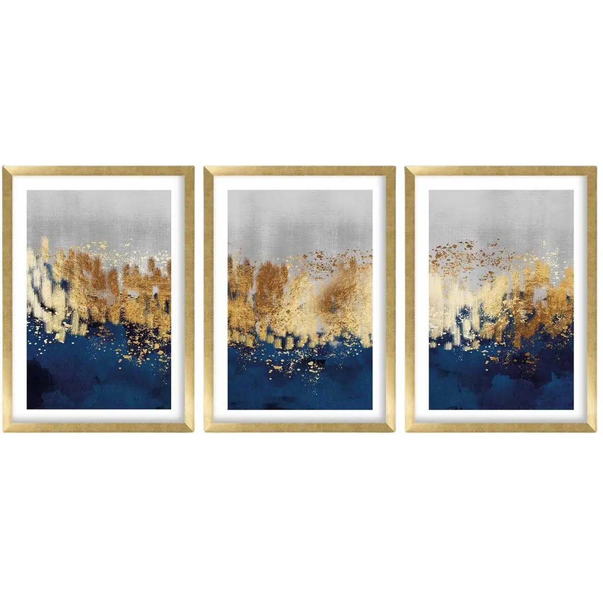 Ensemble de 3 tableaux décoratifs Abstrait paysage GoldNavy BlueGrey