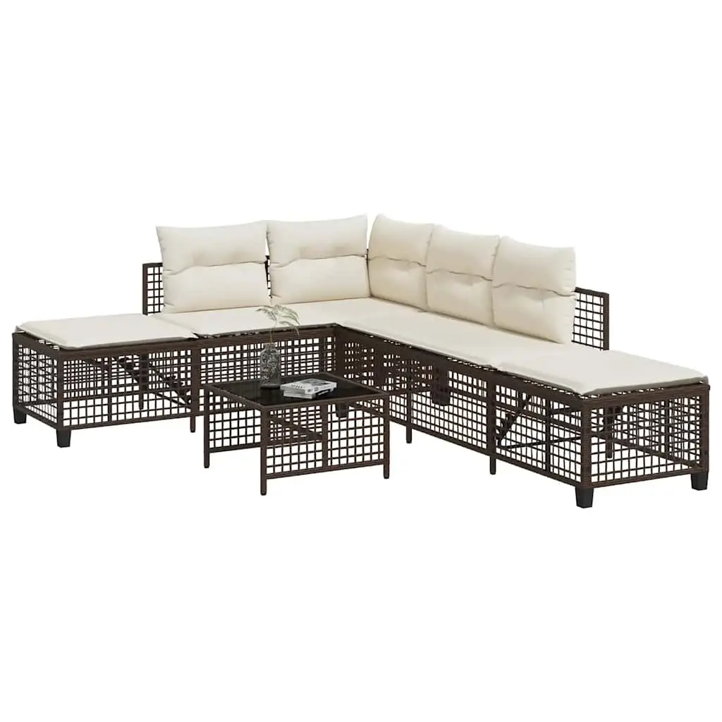 Ensemble de Jardin d’Angle 6 Places Résine Tressée avec Coussins Crème pour Terrasse Marron – ComfortXL Outdoor Living Brun