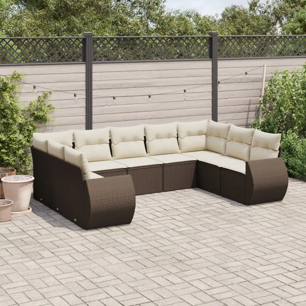 Ensemble de Jardin 9 Places Marron avec Rangement, Canapés en Poly Rotin et Coussins Crème Inclus – ComfortXL Outdoor Living Brun