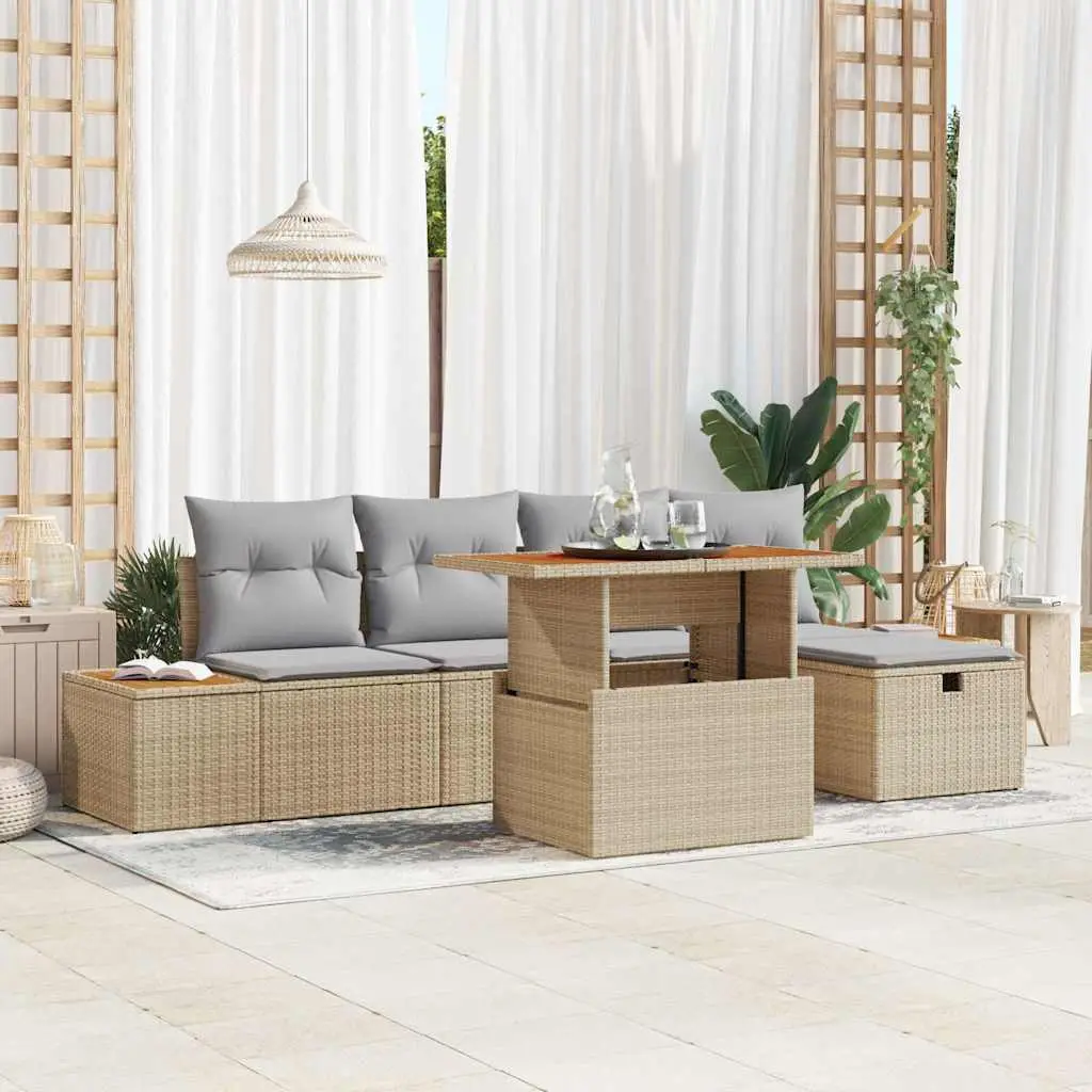 Ensemble de canapé de jardin avec coussin 6 pcs Beige polyrotin vidaXL 3360075 Beige/ Gris clair