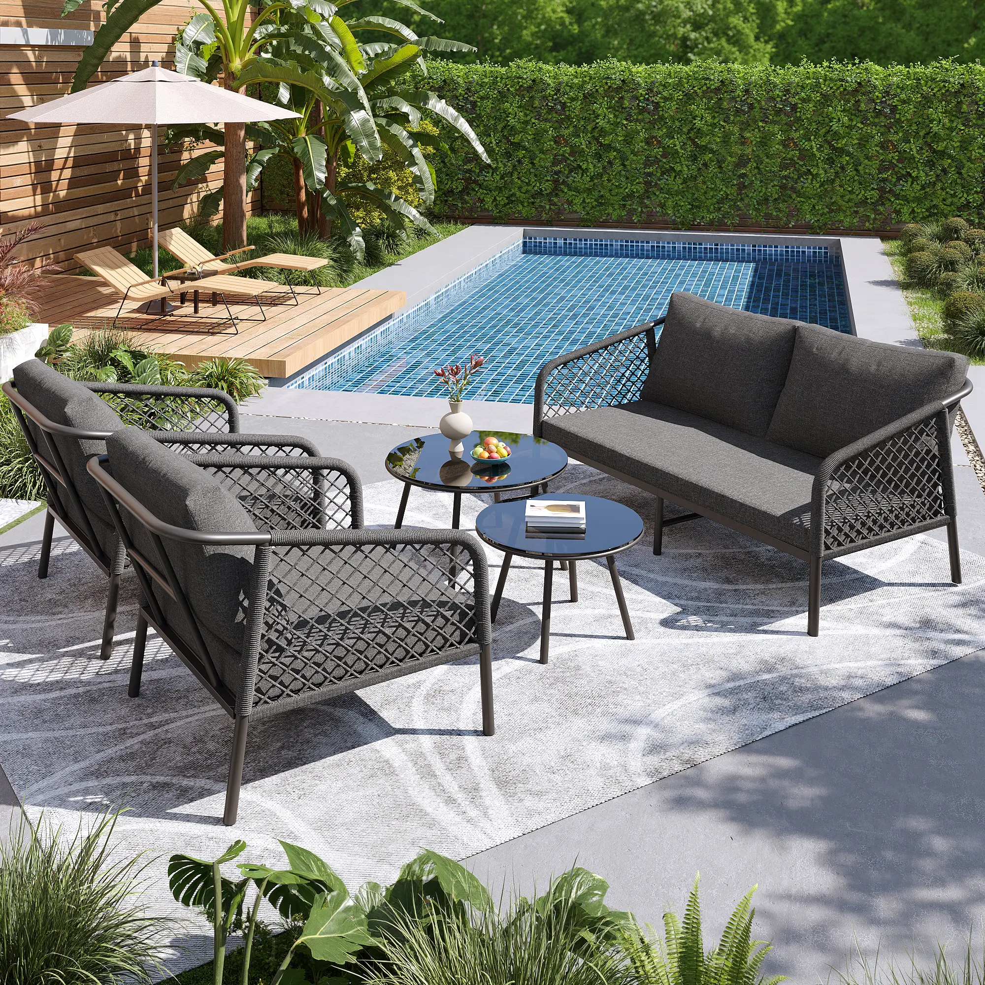 Ensemble de salon de jardin avec plateau de table en verre lisse, y compris tous les coussins d’assise et les coussins.