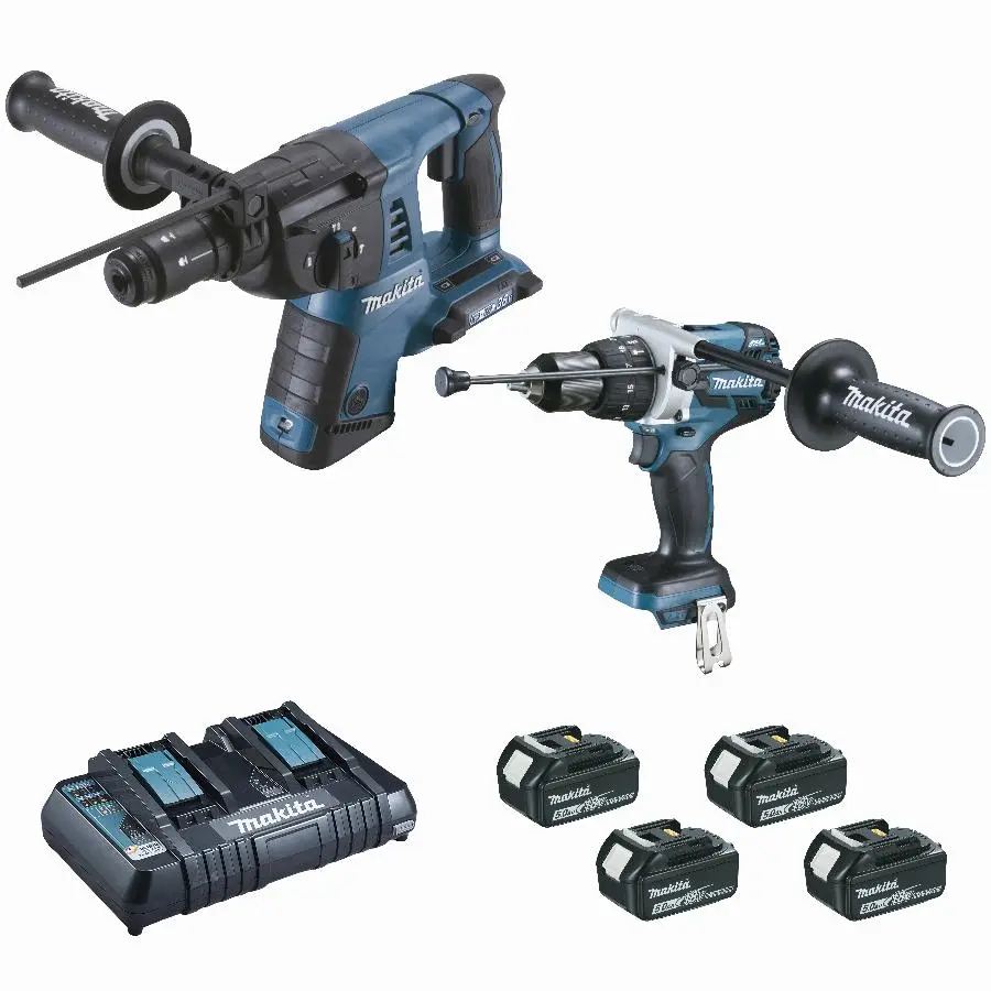 Ensemble de 2 machines 18V Perforateur DHR264 + Perceuse DHP481- MAKITA – avec 2 batteries 18V 5.0Ah – chargeur – MakPac – DLX2101PTJ