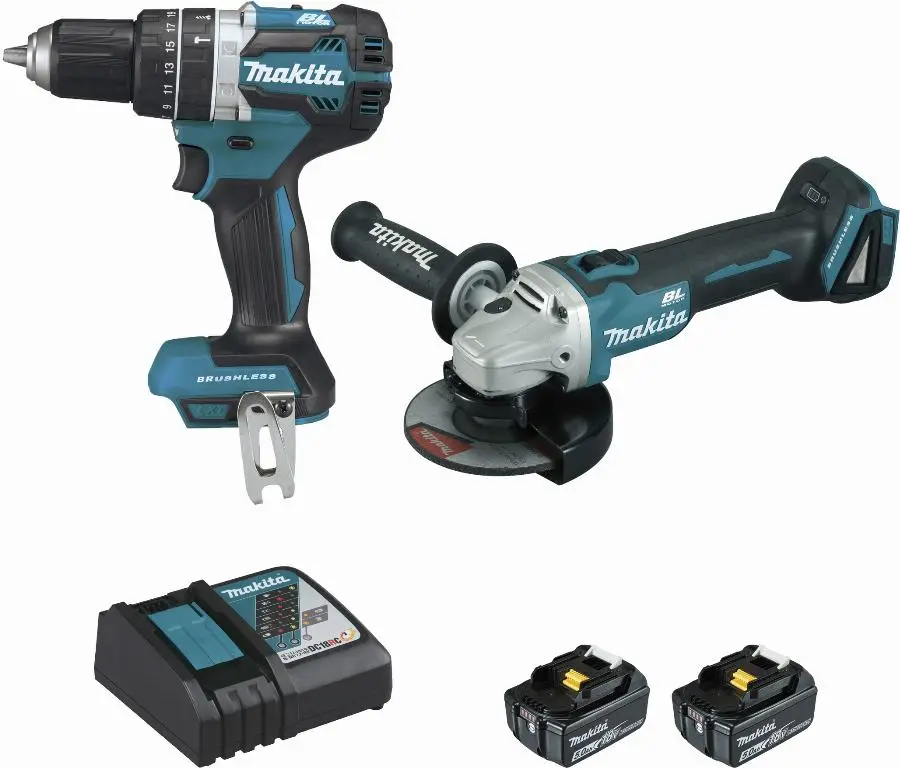 Ensemble de 2 machines 18 V Li-Ion 5 Ah MAKITA Meuleuse DGA506 + Perceuse DHP484 – 2 batteries, chargeur, coffret – DLX2210TJ1