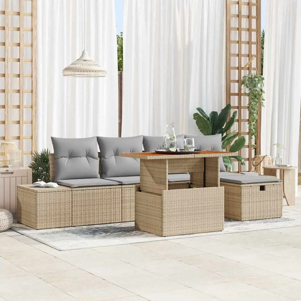 Ensemble de canapé de jardin avec coussin 6 pcs Beige polyrotin vidaXL 3360046 Beige/ Gris clair