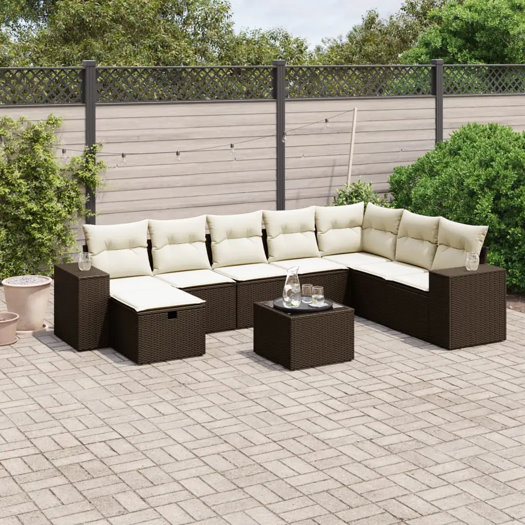 Ensemble de jardin 9 pièces en résine tressée avec table basse en verre pour terrasse et patio Marron – ComfortXL Outdoor Living Brun