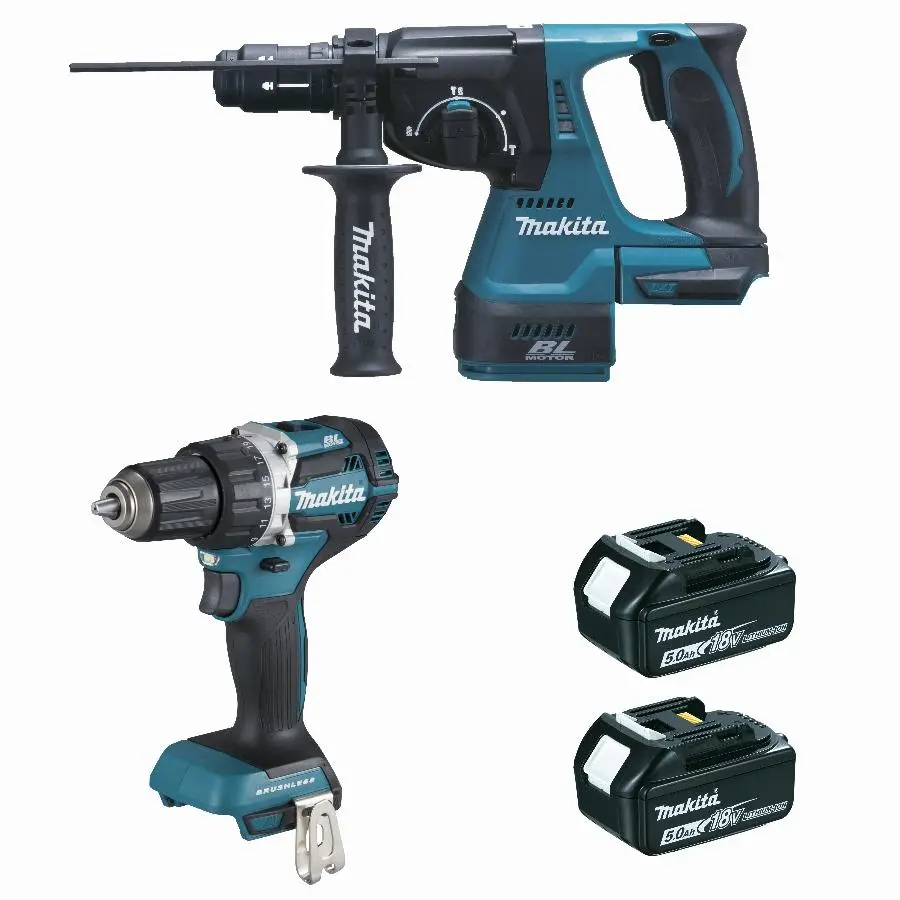 Ensemble de 2 machines 18 V Li-Ion 5 Ah MAKITA Perceuse DDF484 + Perfo DHR243 – 2 batteries, chargeur, coffret – DLX2191TJ