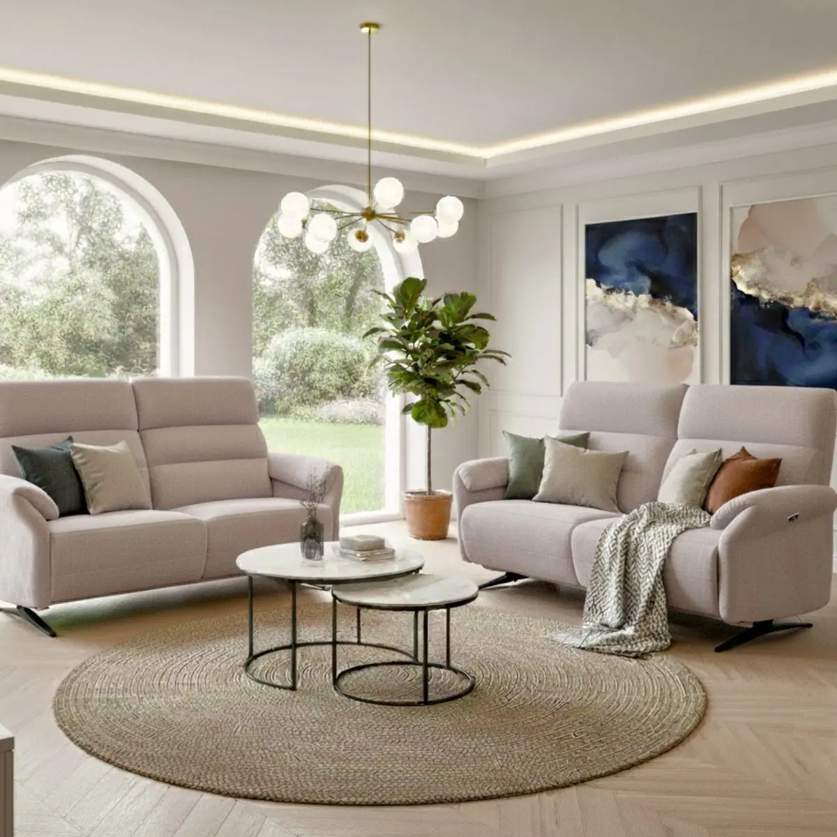 Ensemble canapé relax électrique 3 places + canapé fixe 2 places tissu maillé beige – LAMA