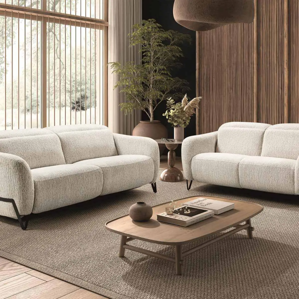 Ensemble Canapé relax électrique + canapé fixe tissu polyester beige – AMSTEN