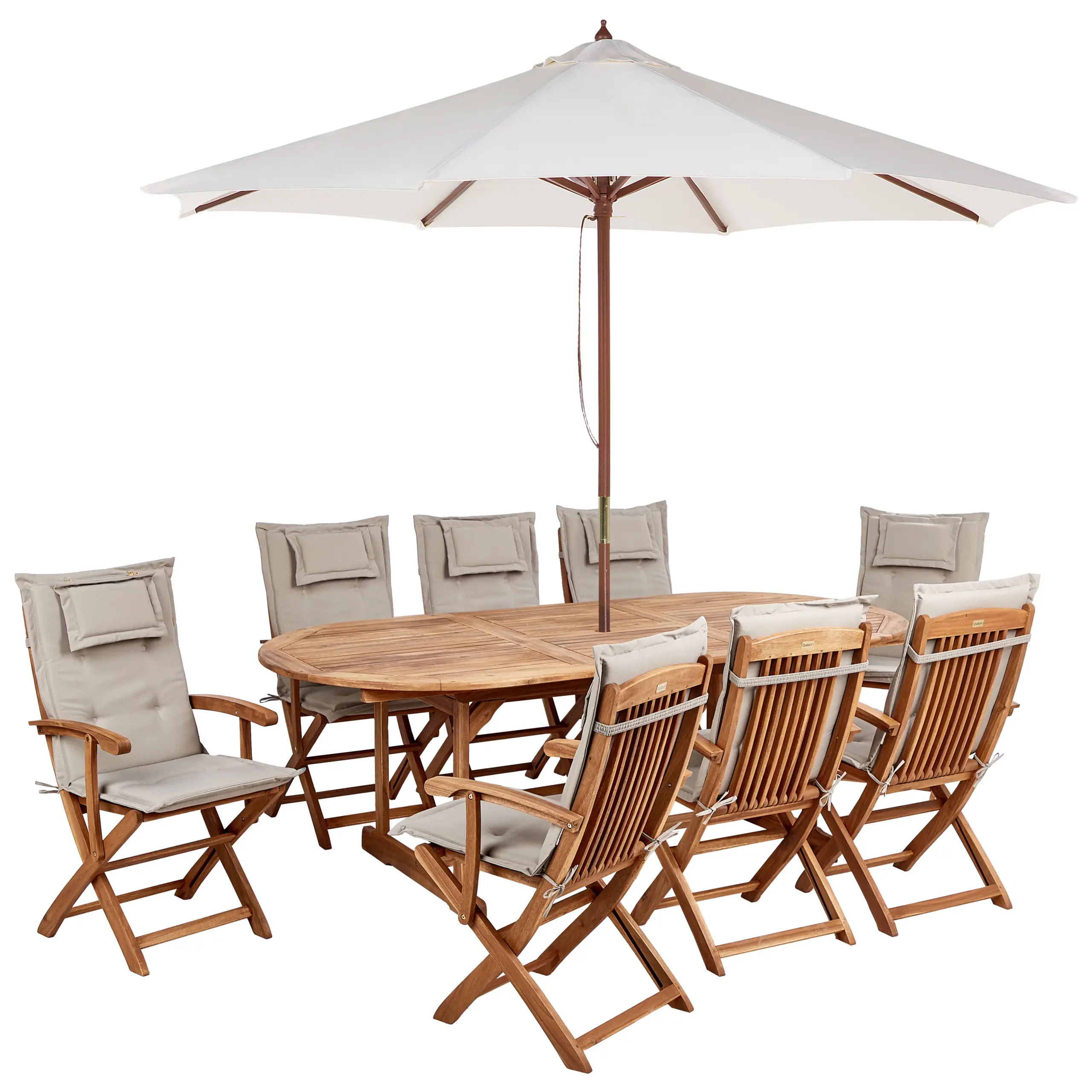 Ensemble de Jardin avec Coussins Taupe en Bois d’Acacia Table et Chaises et Parasol 8 Places Style Rustique Bois clair