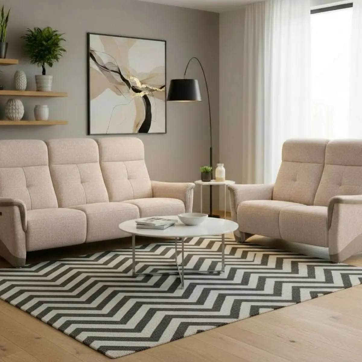 Ensemble canapé relax électrique 3 places + canapé fixe 2 places tissu maillé beige – AUSTRAL