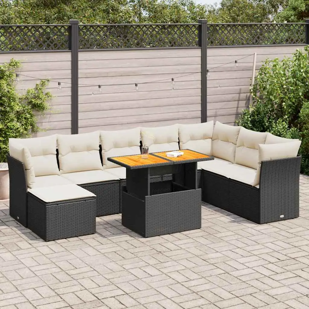 Ensemble de jardin 9 places noir avec pouf coffre résine tressée et table ajustable bois – ComfortXL Outdoor Living