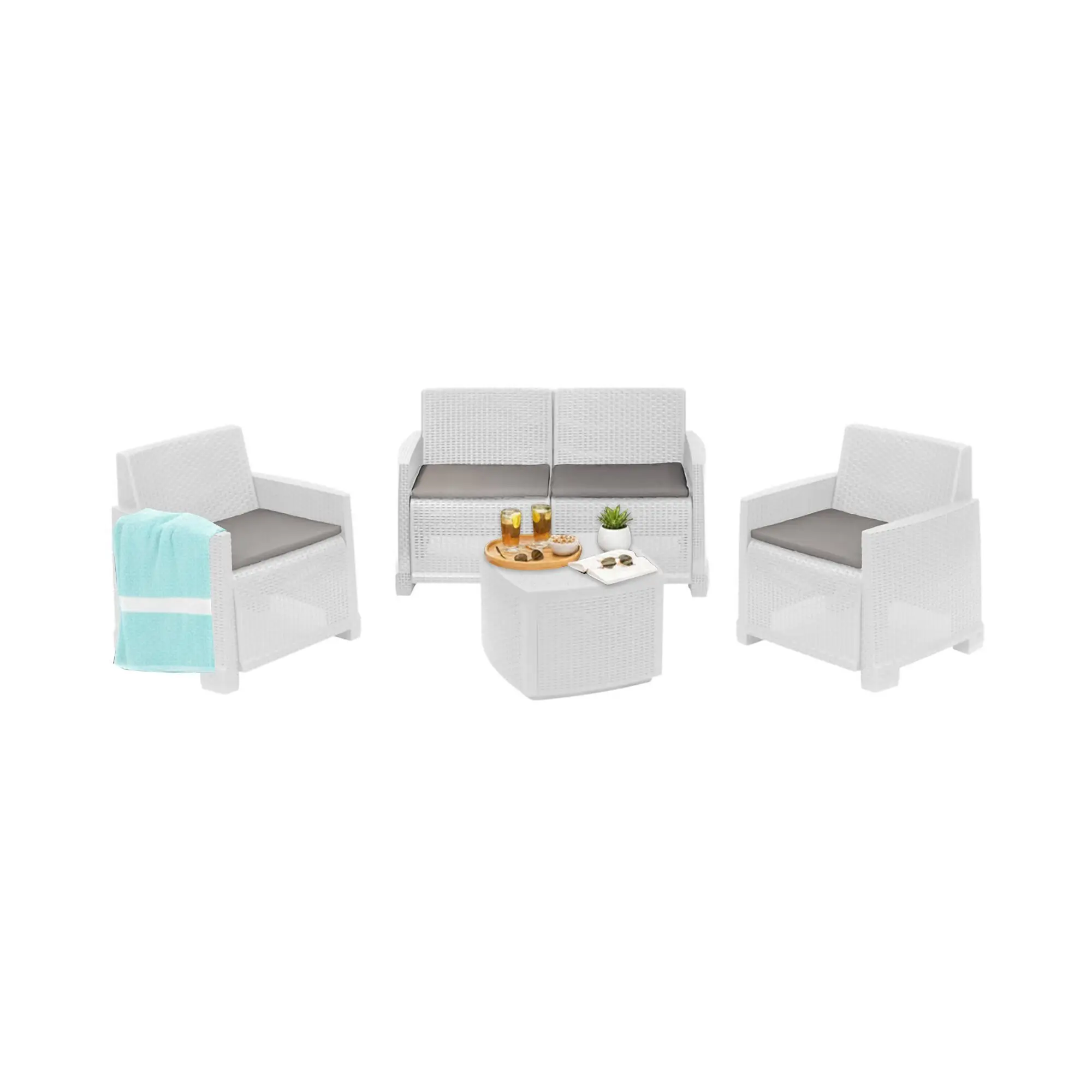 Ensemble de salon d’extérieur Dbalestrer, Composition de jardin avec 2 fauteuils, 1 canapé et 1 table de rangement avec coussins, Blanc – Dmora famillecouleur2blanc