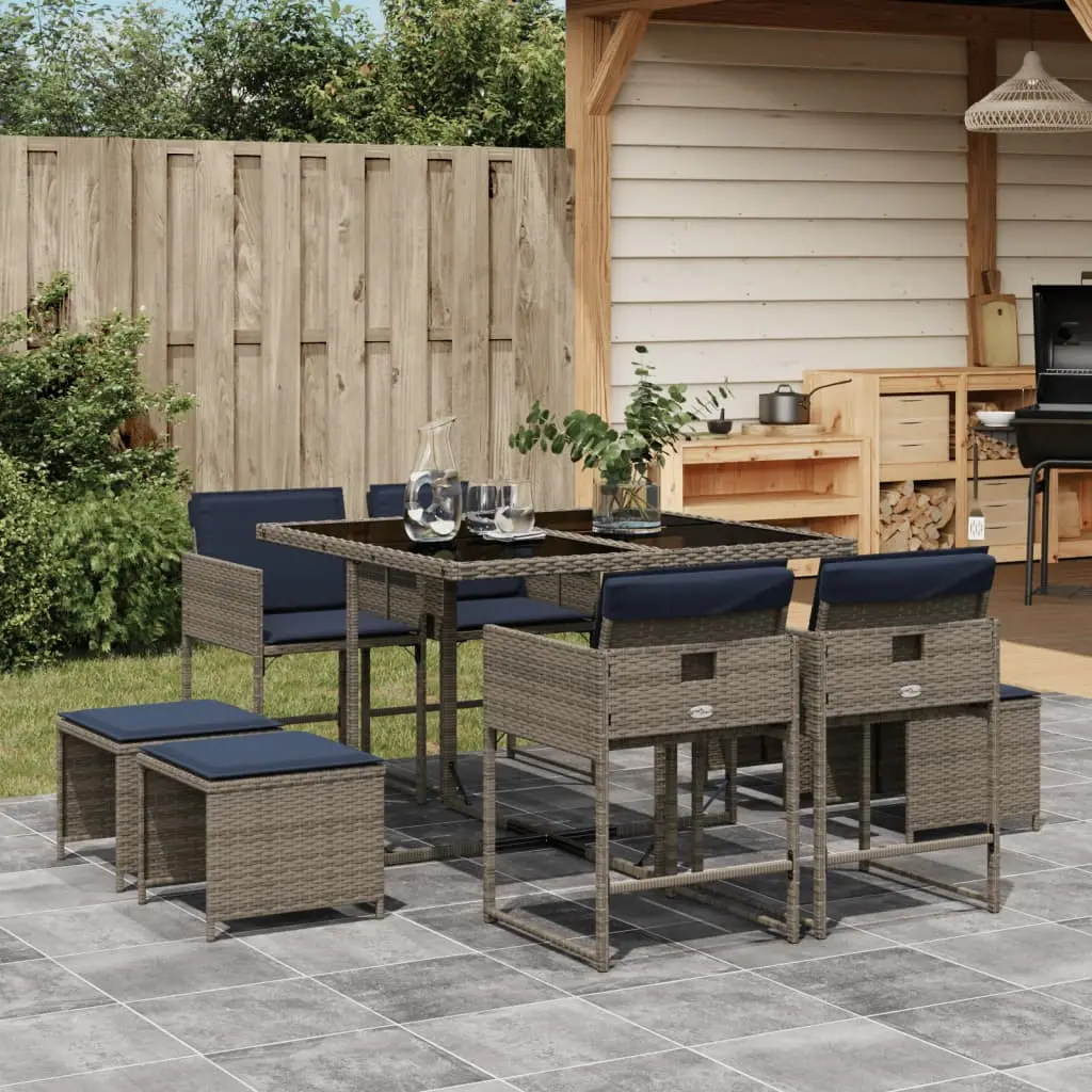 Ensemble de Jardin Compact 8 Places en Résine Tressée Grise Coussins Marine – ComfortXL Outdoor Living