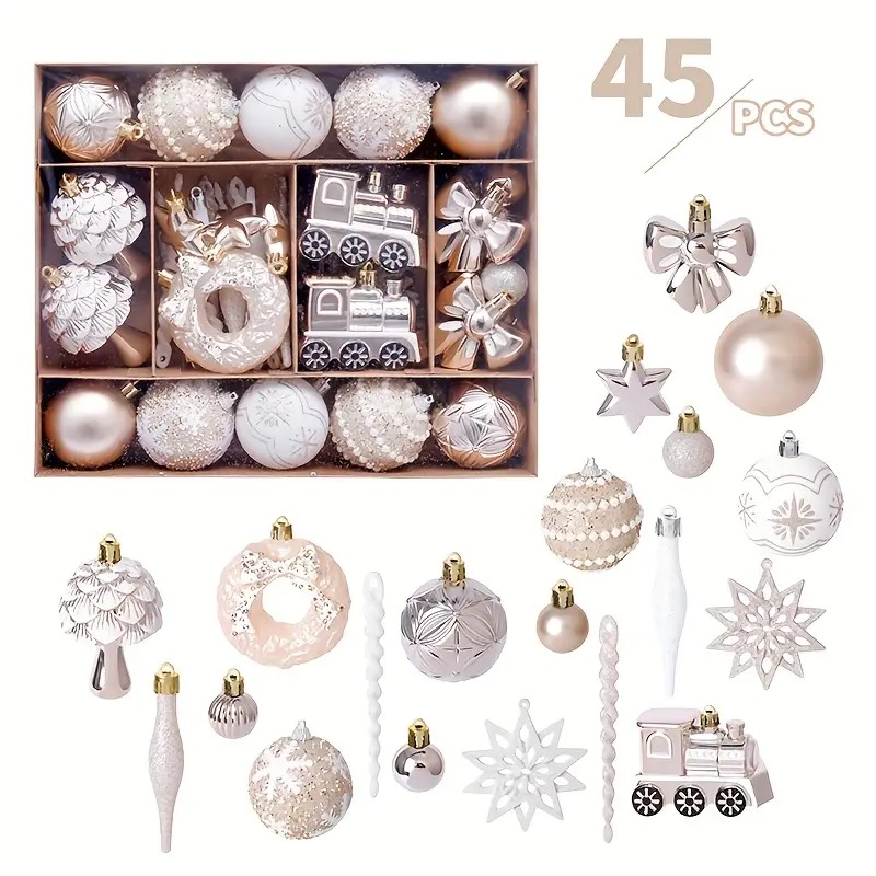 Ensemble de 45 décorations de Noël festives – Boules de Noël en plastique à suspendre pour fêtes et décorations d’arbres, décorations de Noël