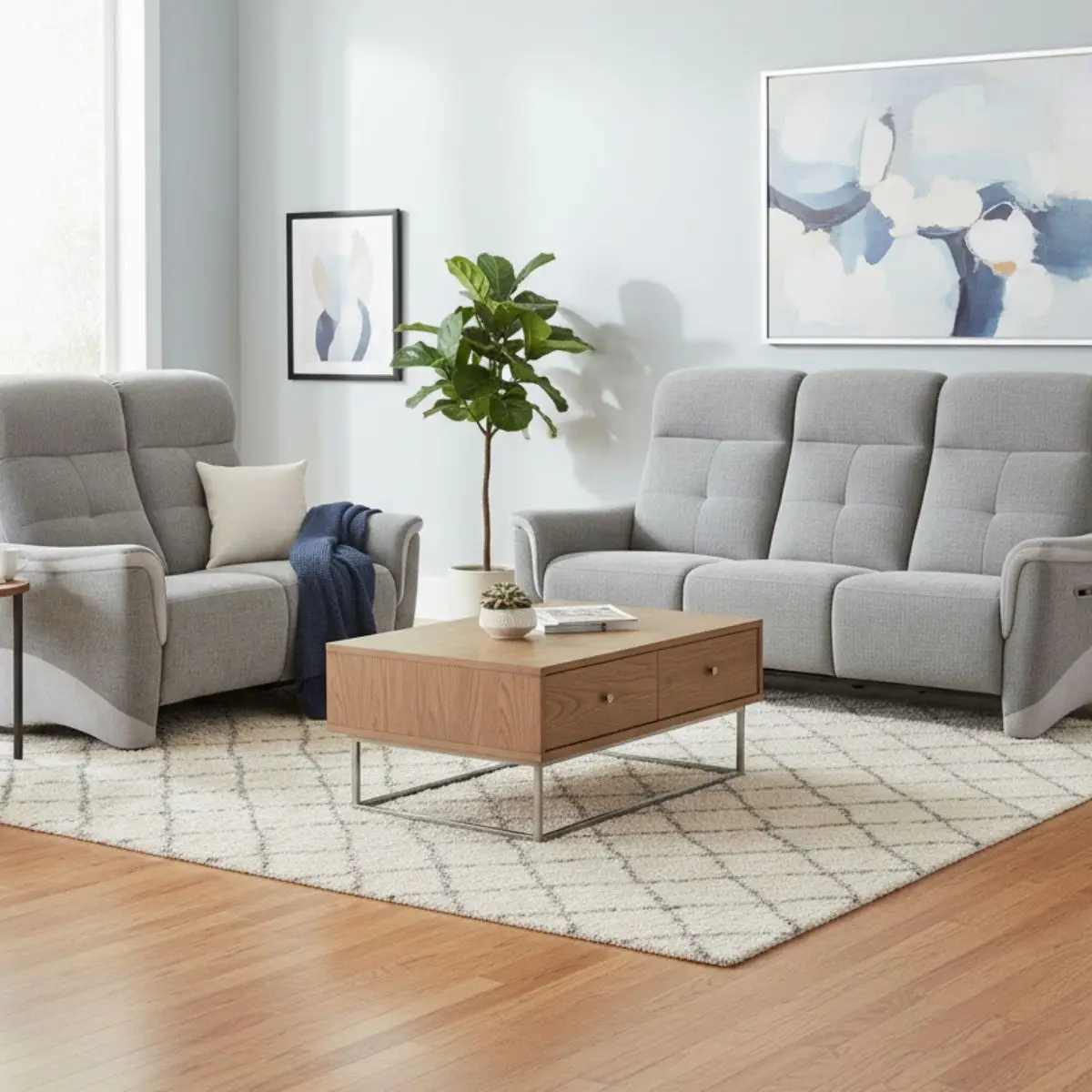 Ensemble canapé relax électrique 3 places + canapé fixe 2 places tissu maillé gris – AUSTRAL