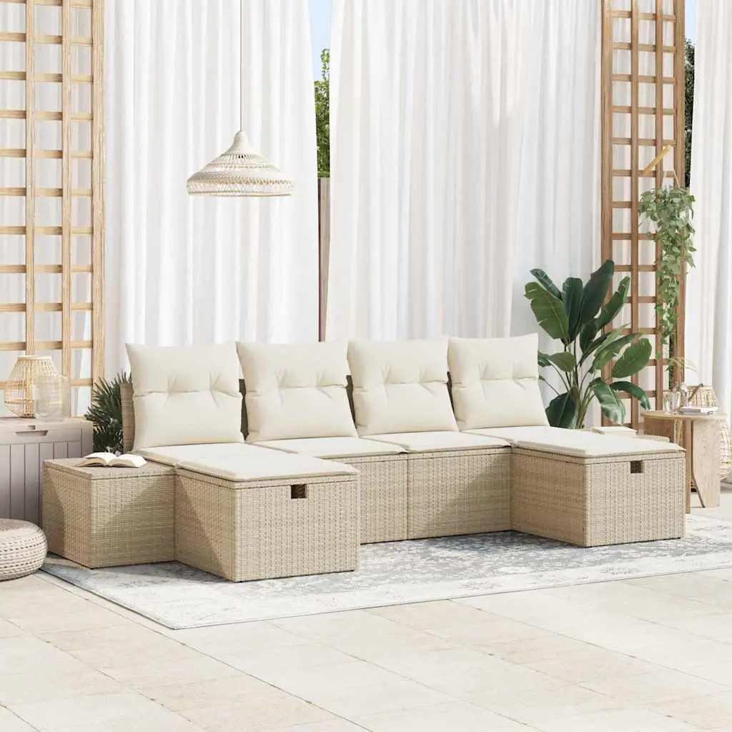 Ensemble de canapé de jardin avec coussin 6 pcs Beige polyrotin vidaXL 3359420 Beige/ Blanc crème
