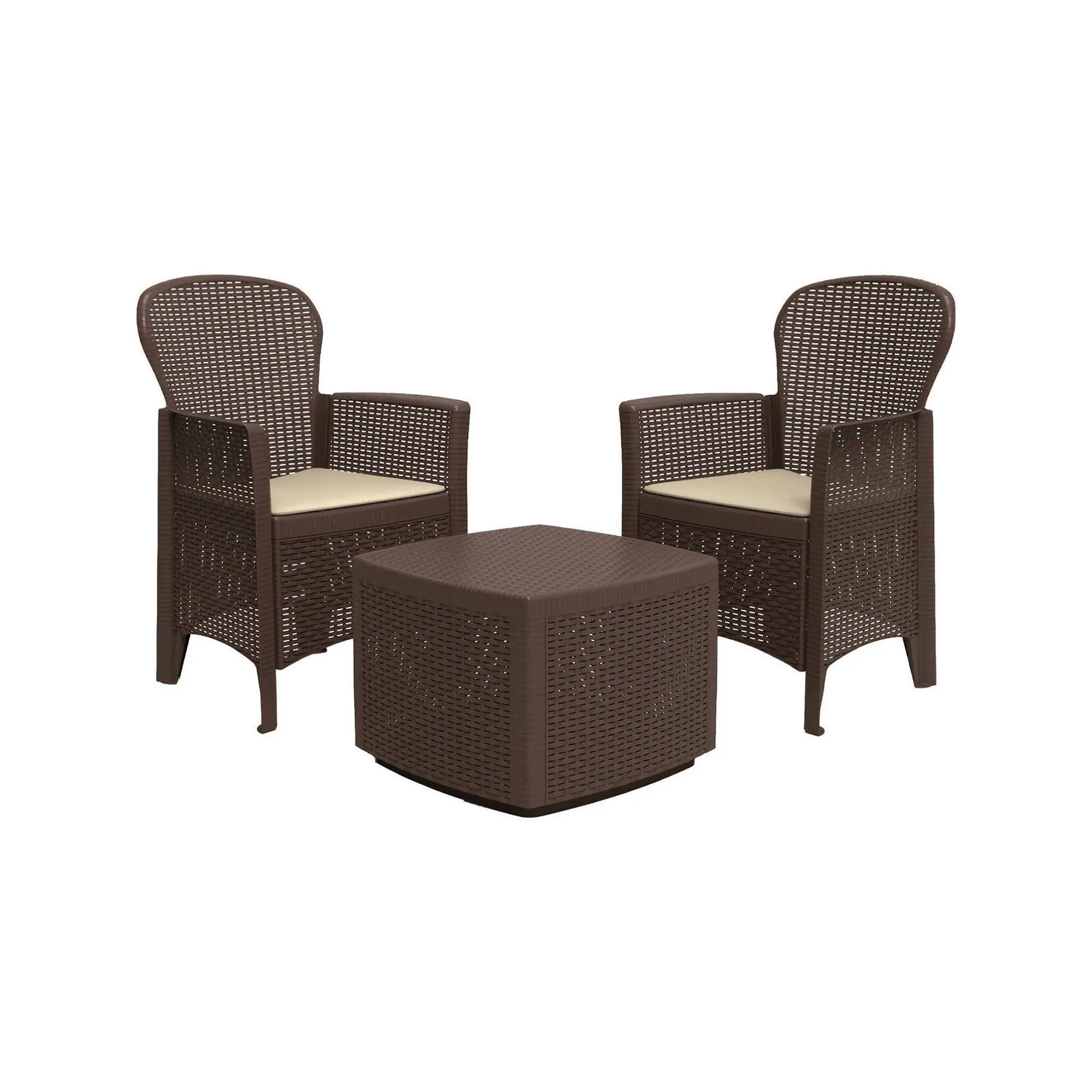 Ensemble de salon d’extérieur Naples, Composition de jardin avec 2 fauteuils et 1 table de rangement, Salon effet rotin, Marron – Dmora famillecouleur2marron