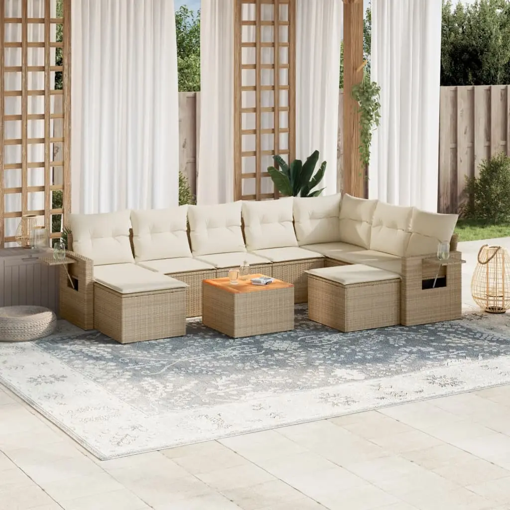 Ensemble de jardin 9 places résine tressée Beige avec 2 poufs rangement et tablettes – ComfortXL Outdoor Living