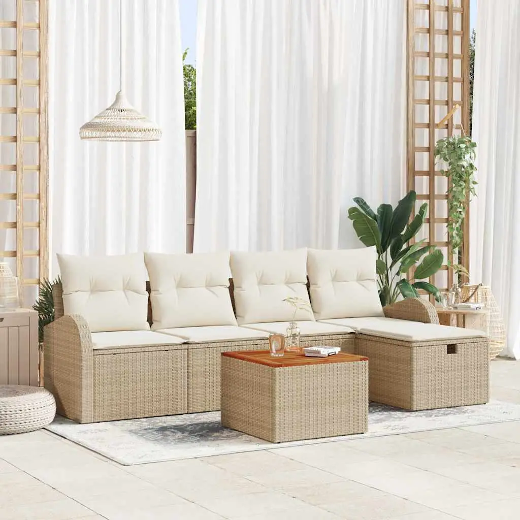 Ensemble de canapé de jardin avec coussin 6 pcs Beige polyrotin vidaXL 3359505 Beige/ Blanc crème