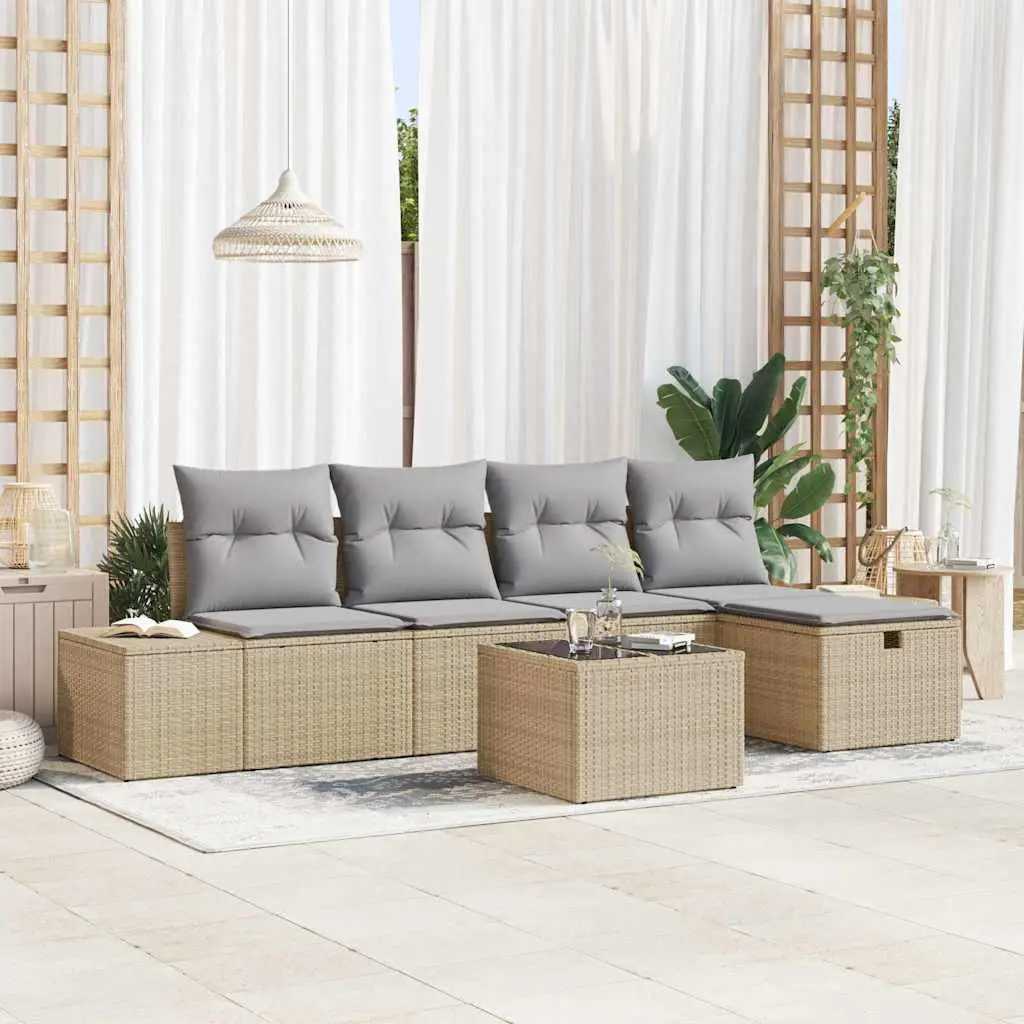 Ensemble de canapé de jardin avec coussin 6 pcs Beige polyrotin vidaXL 3359369 Beige/ Gris clair