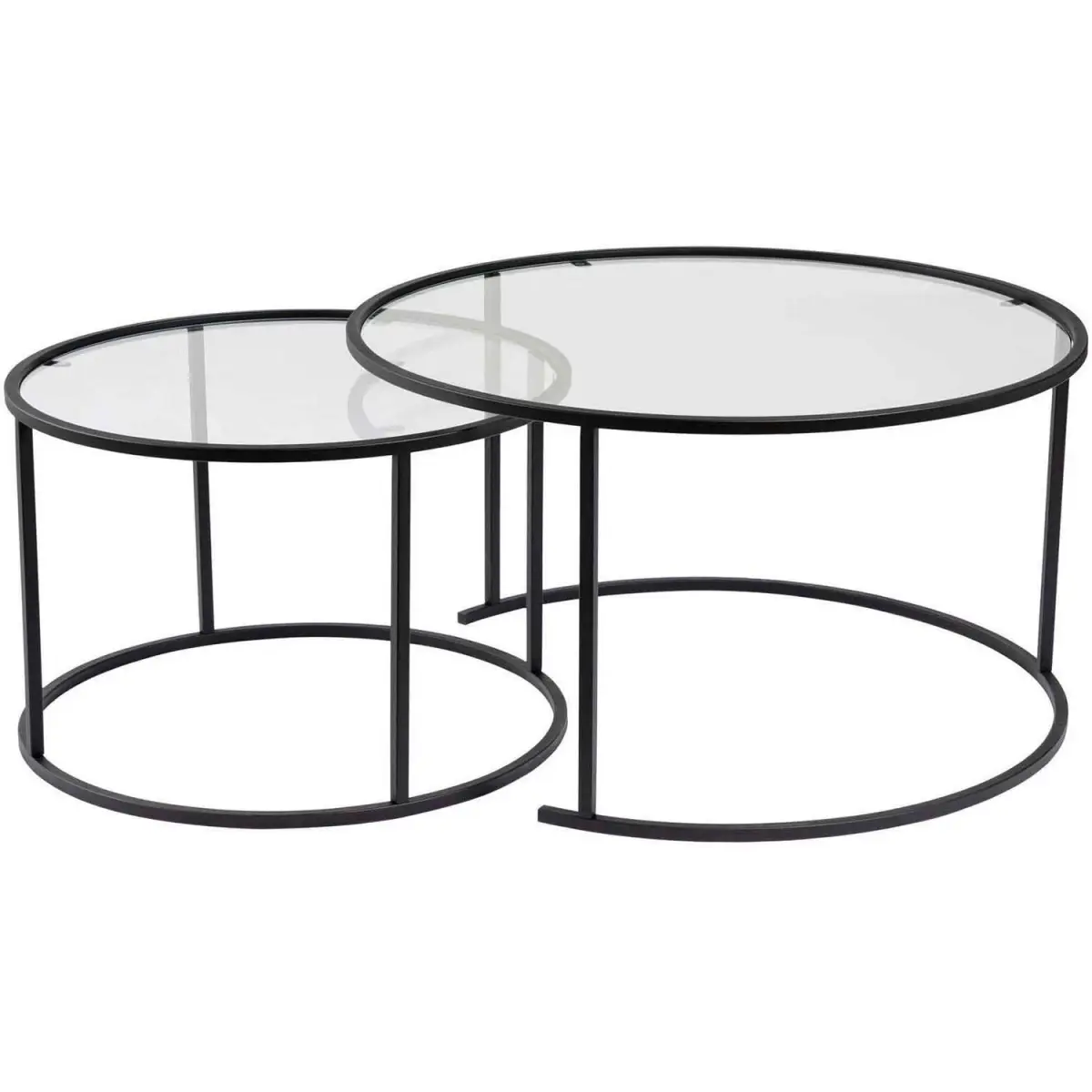 Ensemble de 2 tables gigognes rondes en métal et verre Auruma Noir avec verre transparent