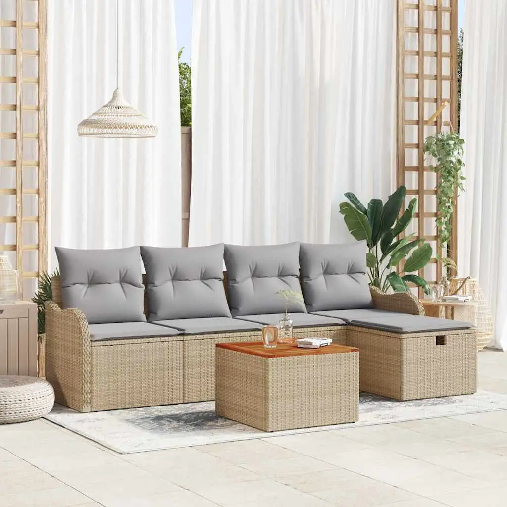 Ensemble de canapé de jardin avec coussin 6 pcs Beige polyrotin vidaXL 3359476 Beige/ Gris clair